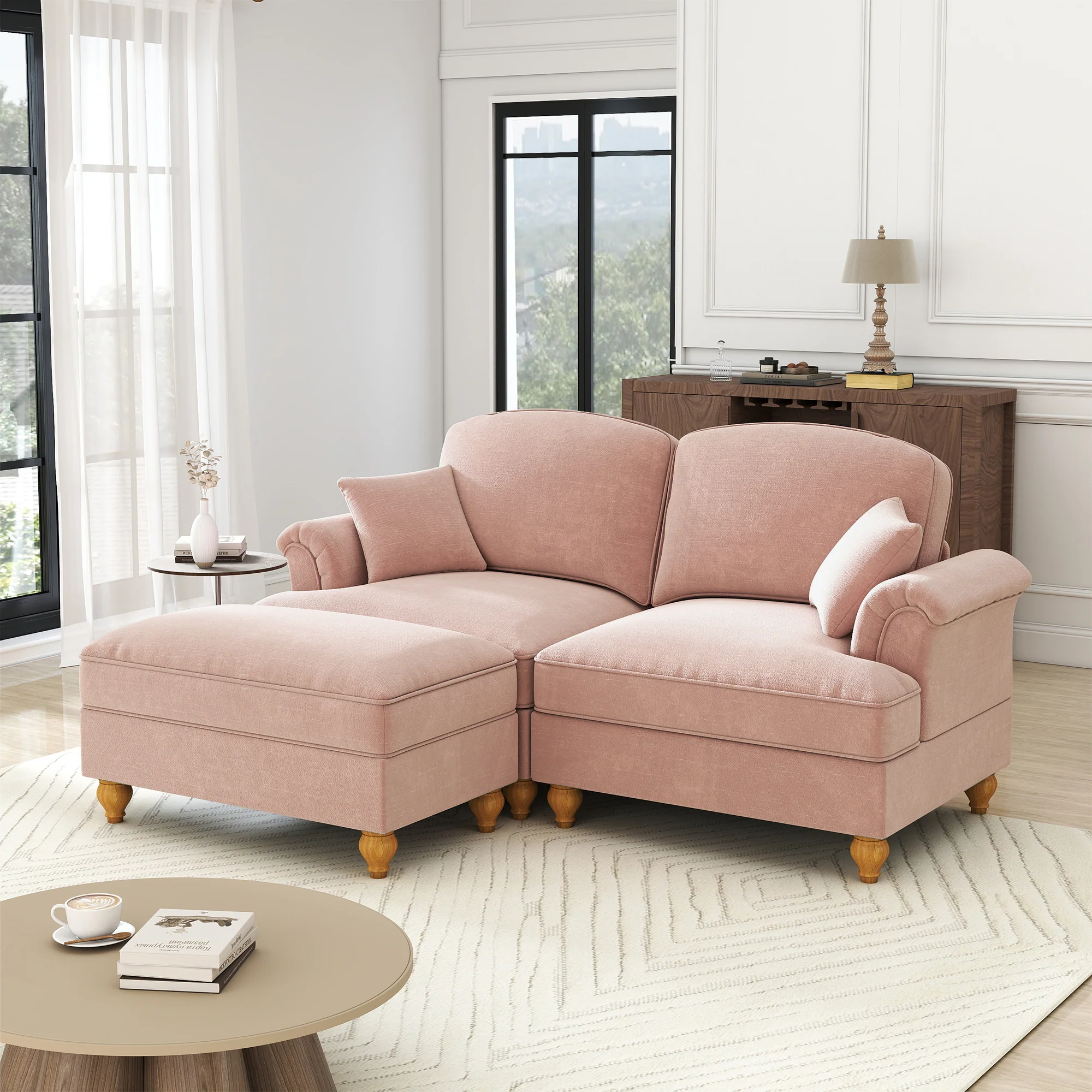 Modular L-Shaped Sofa Mid-Century 2-Seater Movable Ottoman - Pink Chenille