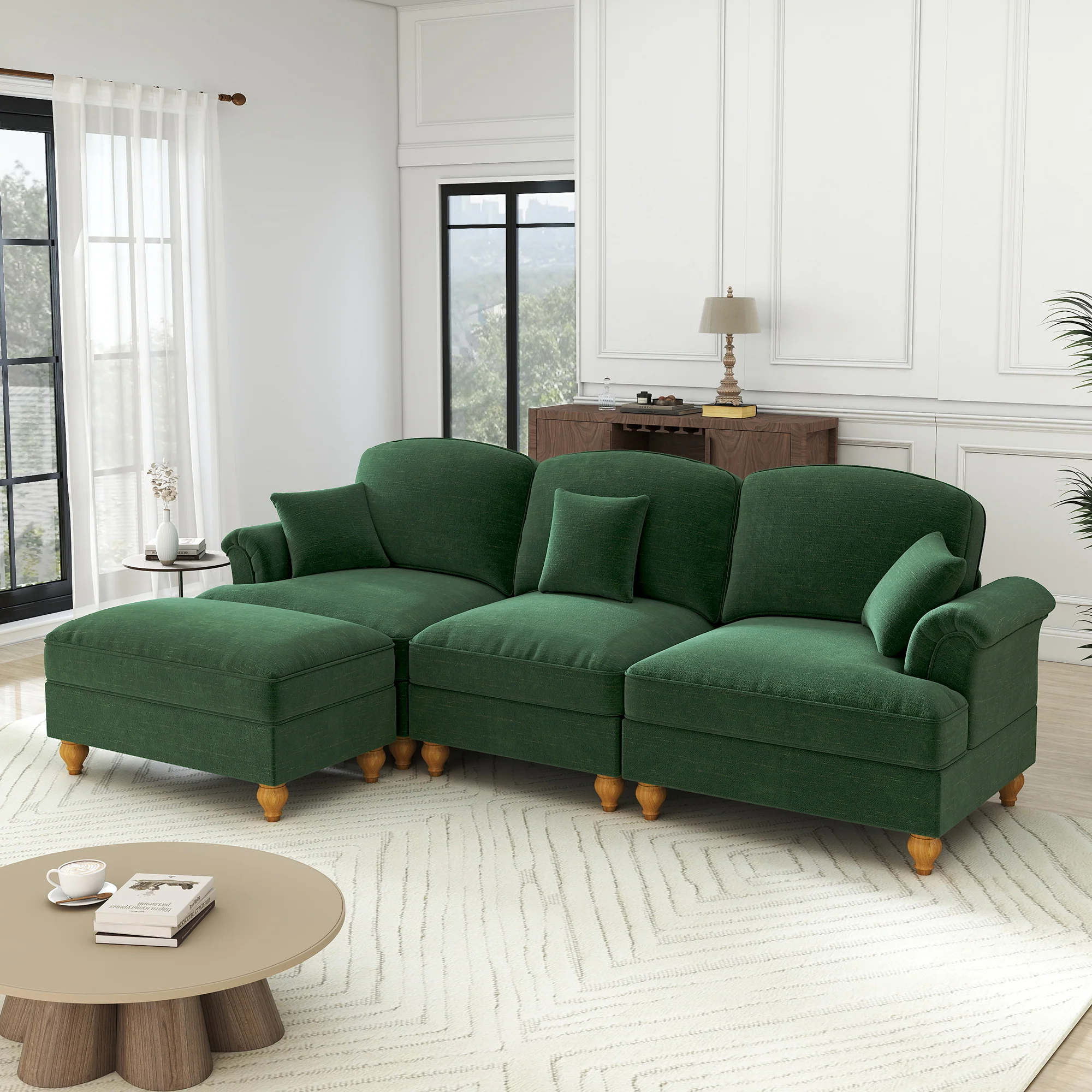 Modular L-Shaped Sofa Mid-Century 3-Seater Movable Ottoman - Green Chenille