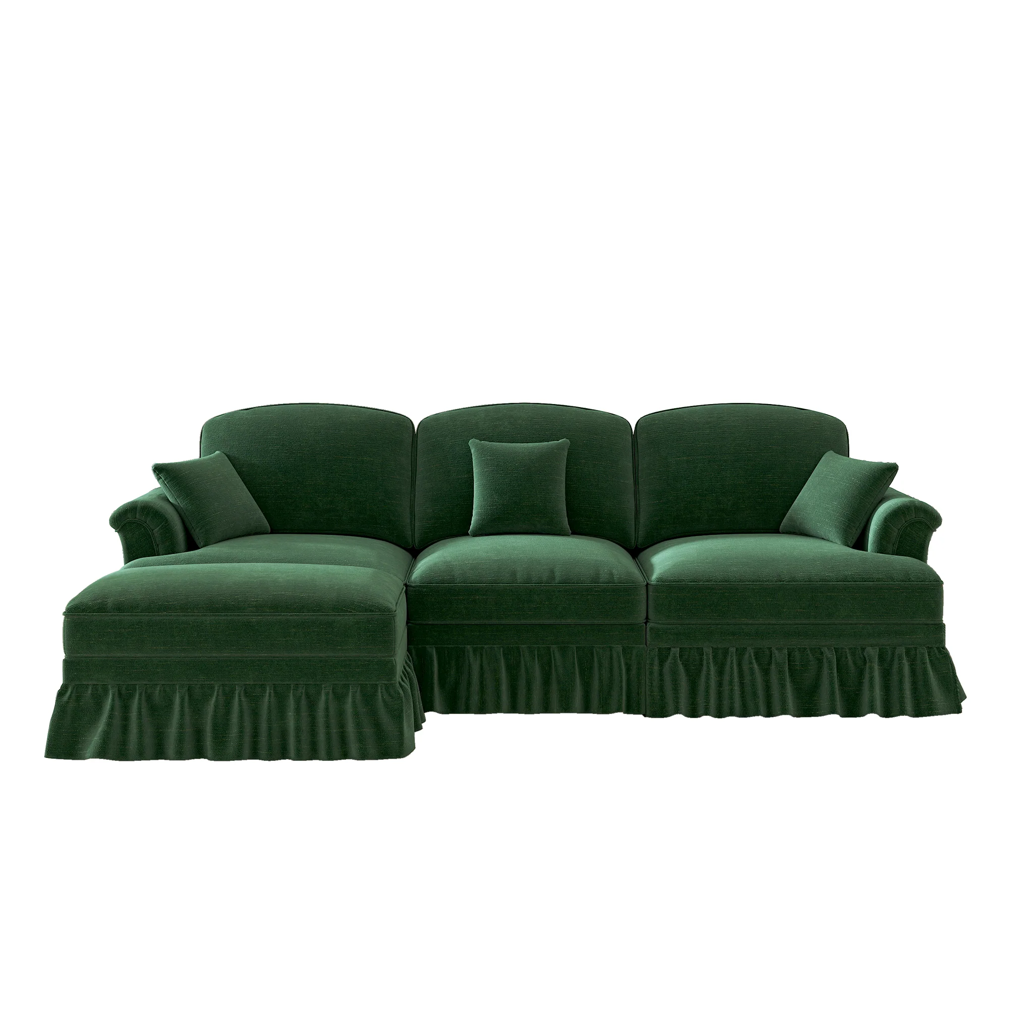 Modular L-Shaped Sofa Mid-Century 3-Seater Movable Ottoman - Green Chenille - Image 10