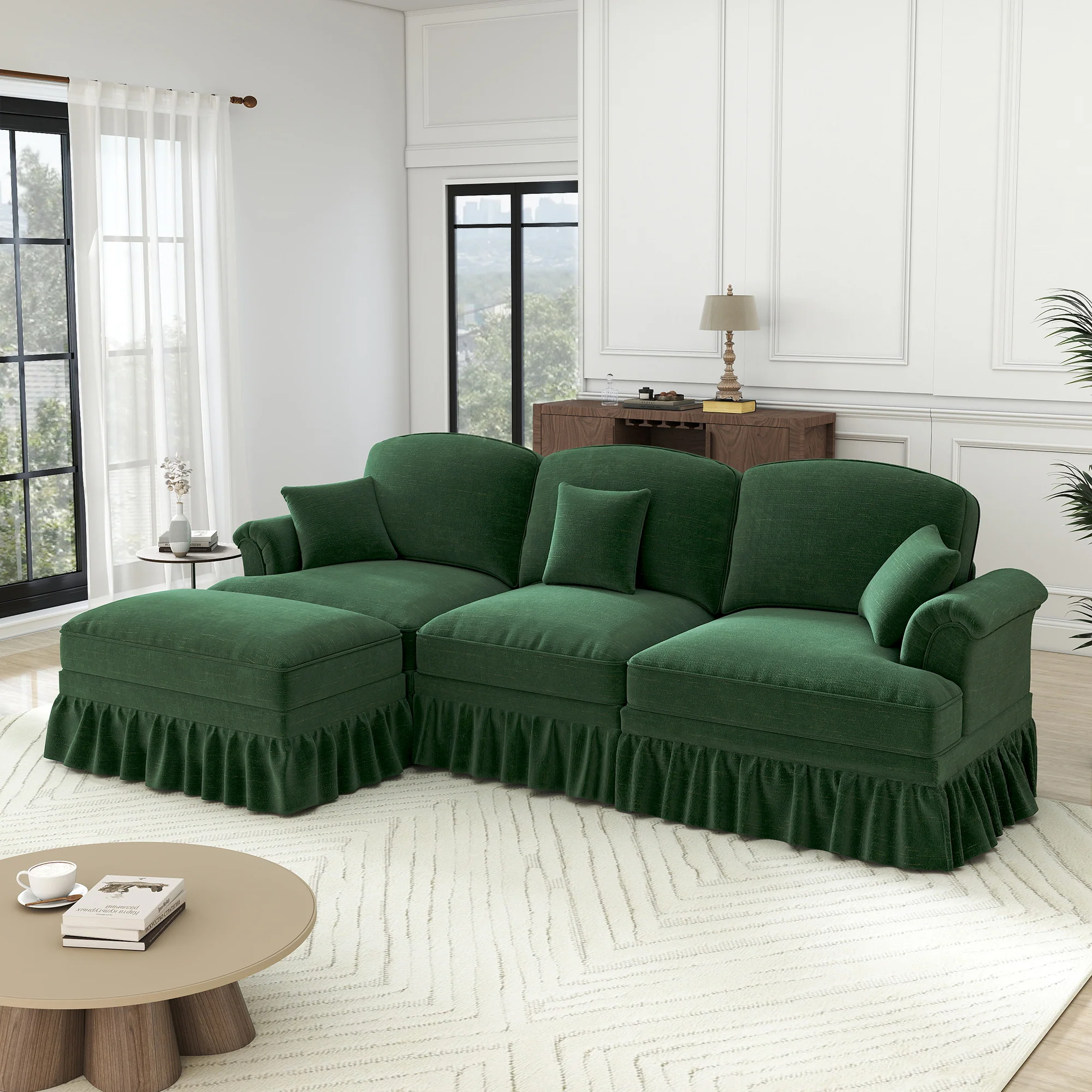 Modular L-Shaped Sofa Mid-Century 3-Seater Movable Ottoman - Green Chenille - Image 2