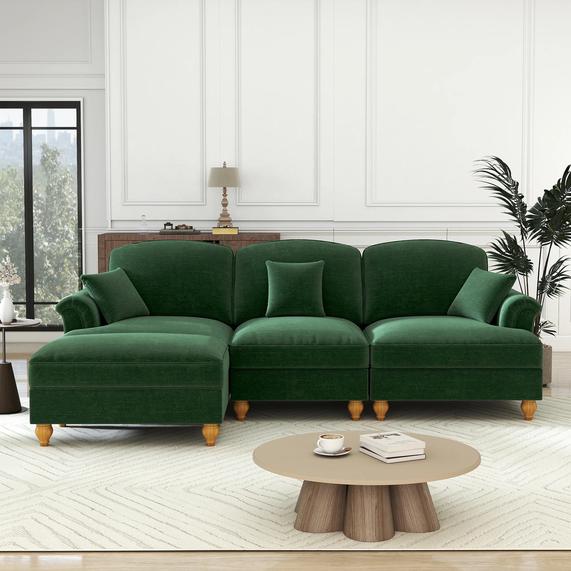 Modular L-Shaped Sofa Mid-Century 3-Seater Movable Ottoman - Green Chenille - Image 3
