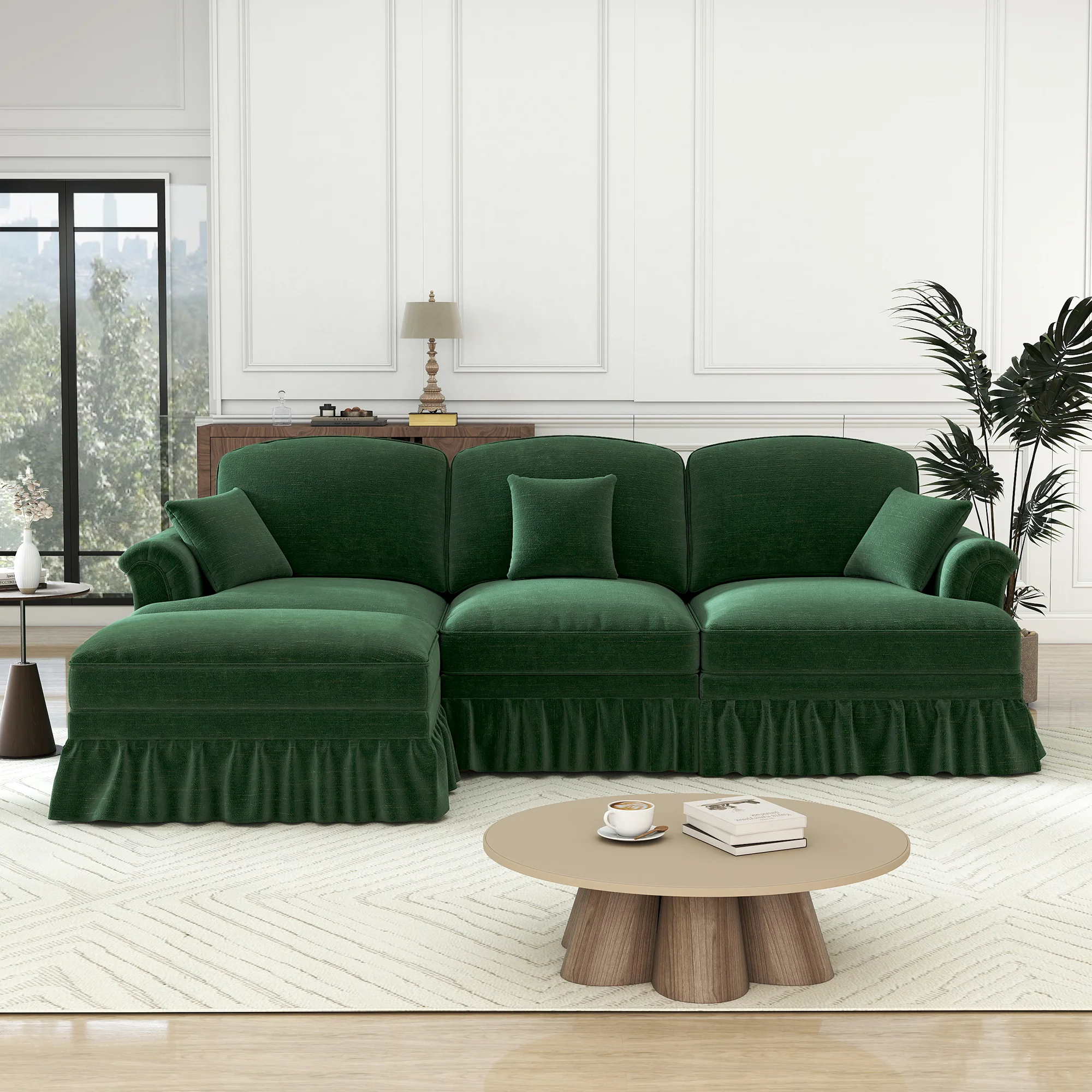 Modular L-Shaped Sofa Mid-Century 3-Seater Movable Ottoman - Green Chenille - Image 4