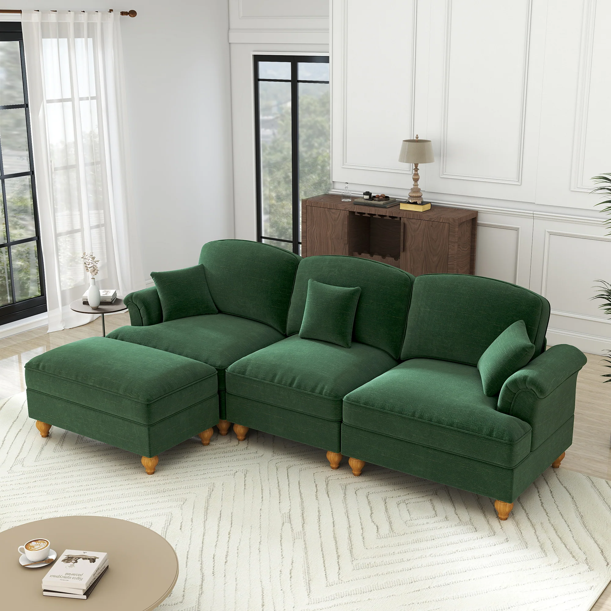 Modular L-Shaped Sofa Mid-Century 3-Seater Movable Ottoman - Green Chenille - Image 5