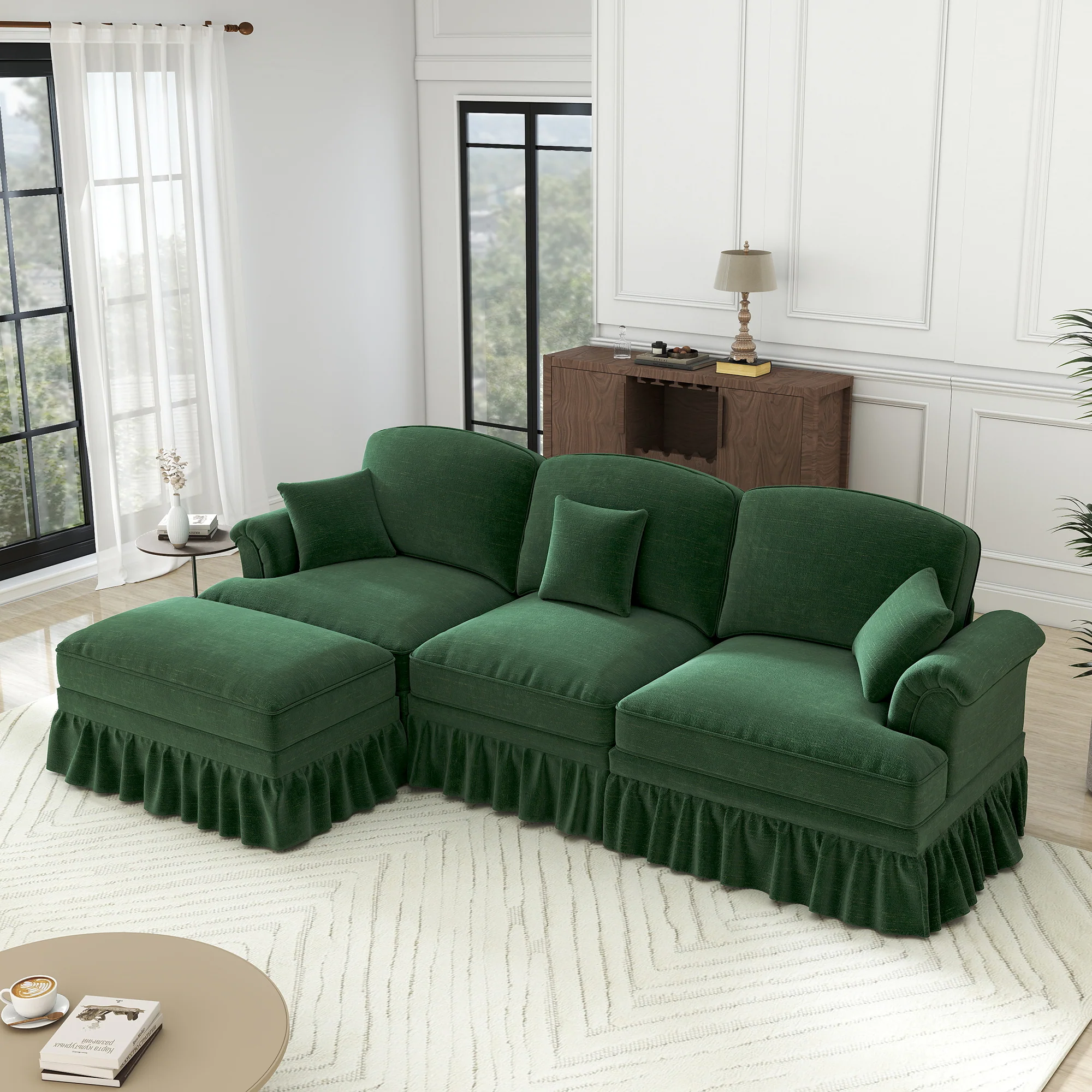 Modular L-Shaped Sofa Mid-Century 3-Seater Movable Ottoman - Green Chenille - Image 6