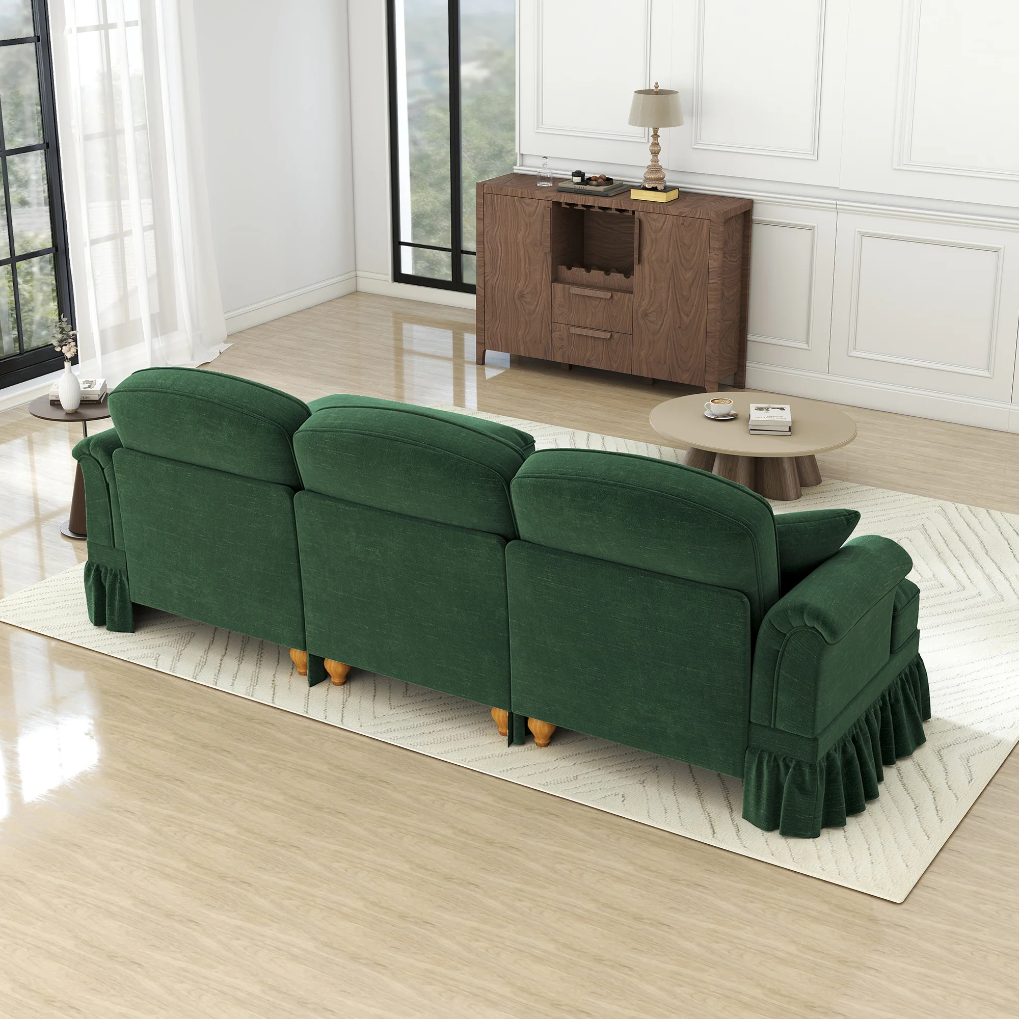 Modular L-Shaped Sofa Mid-Century 3-Seater Movable Ottoman - Green Chenille - Image 7