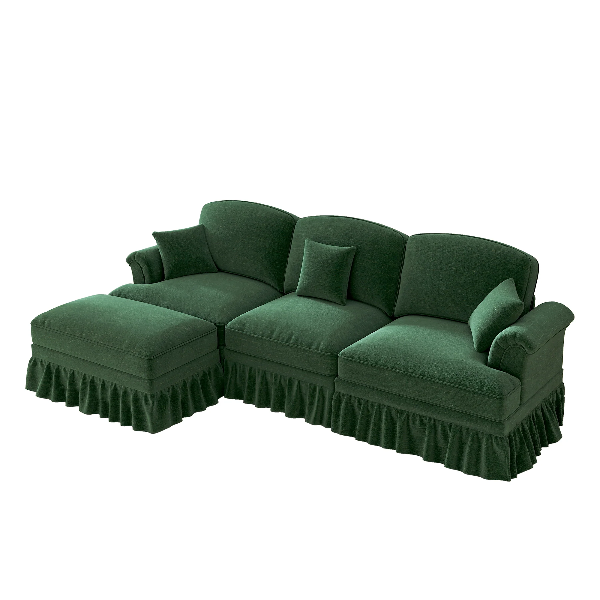 Modular L-Shaped Sofa Mid-Century 3-Seater Movable Ottoman - Green Chenille - Image 9