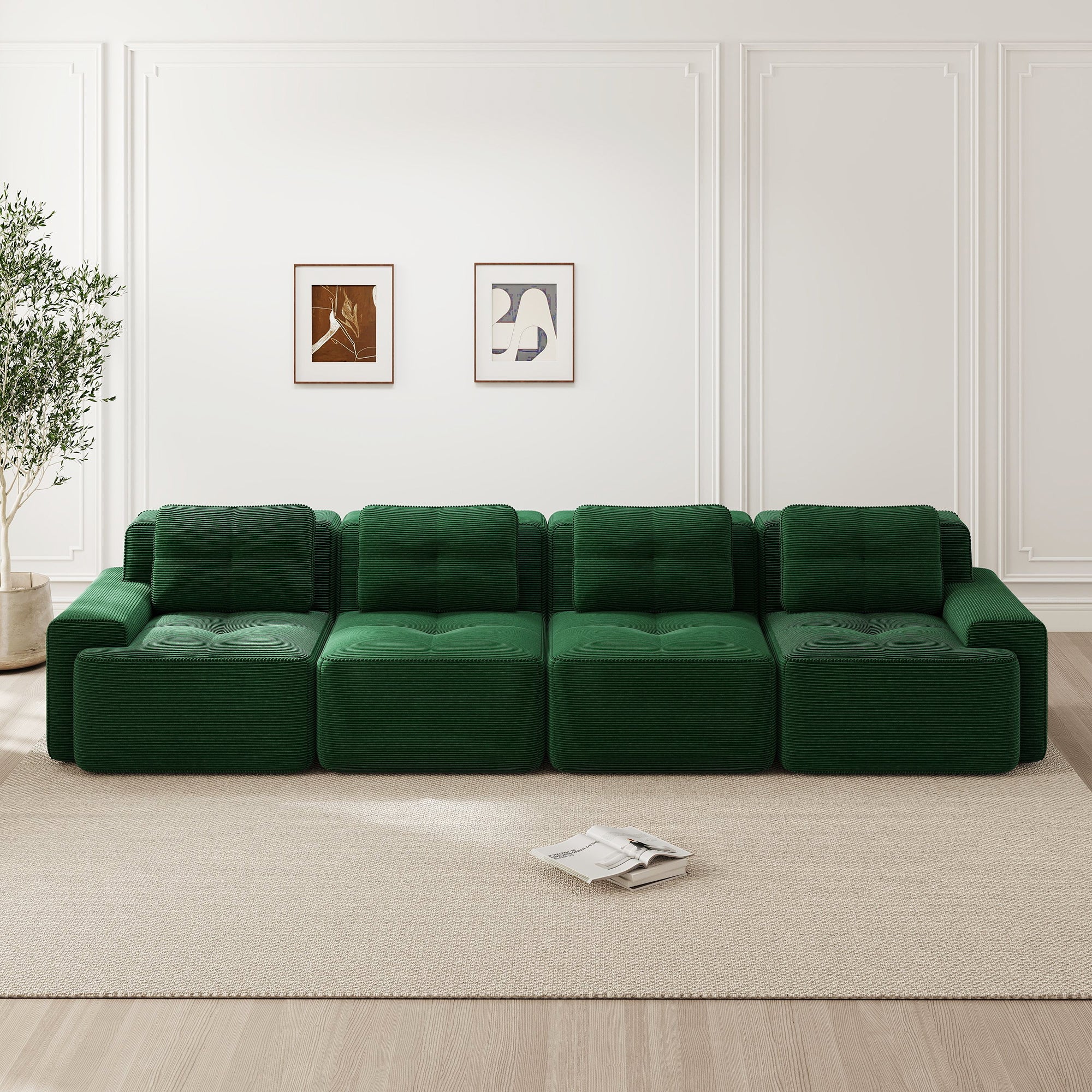 Modular Sofa 4-Seater Deep Seat Corduroy Assembly-Free - Green - Image 2