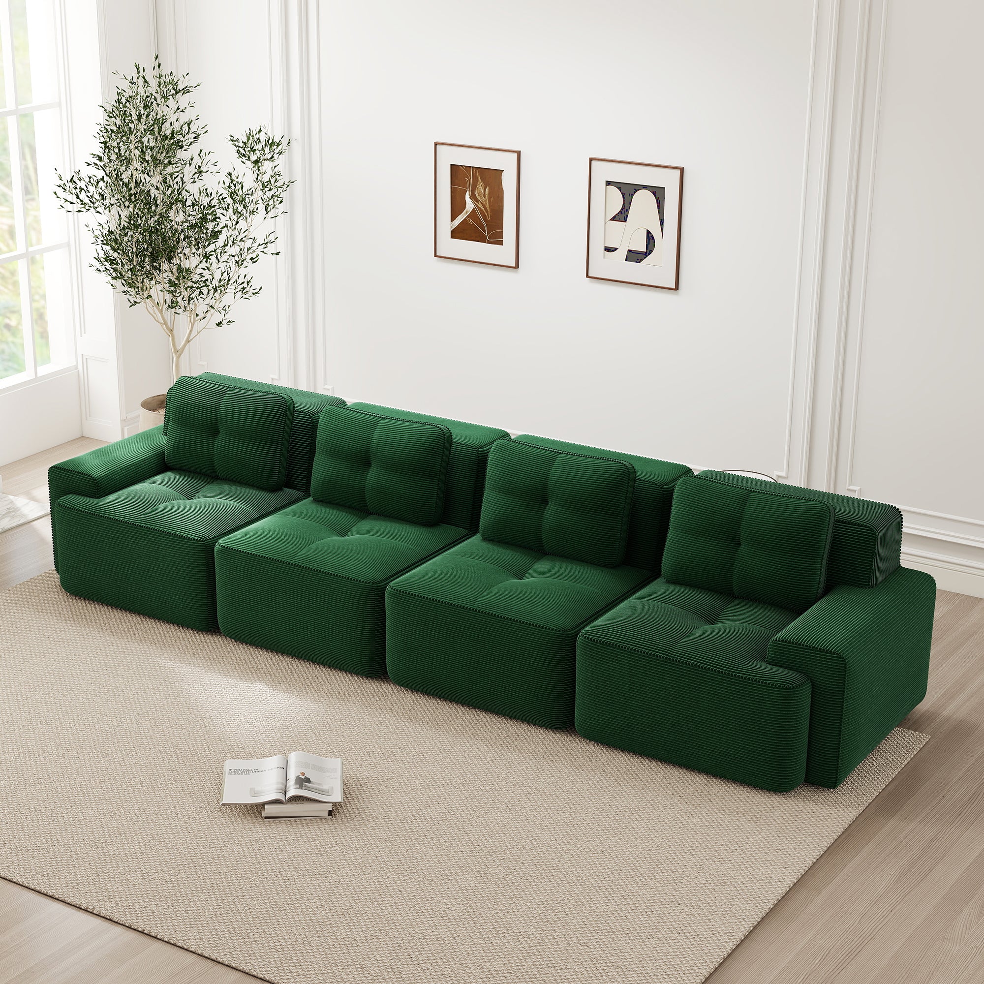 Modular Sofa 4-Seater Deep Seat Corduroy Assembly-Free - Green - Image 3