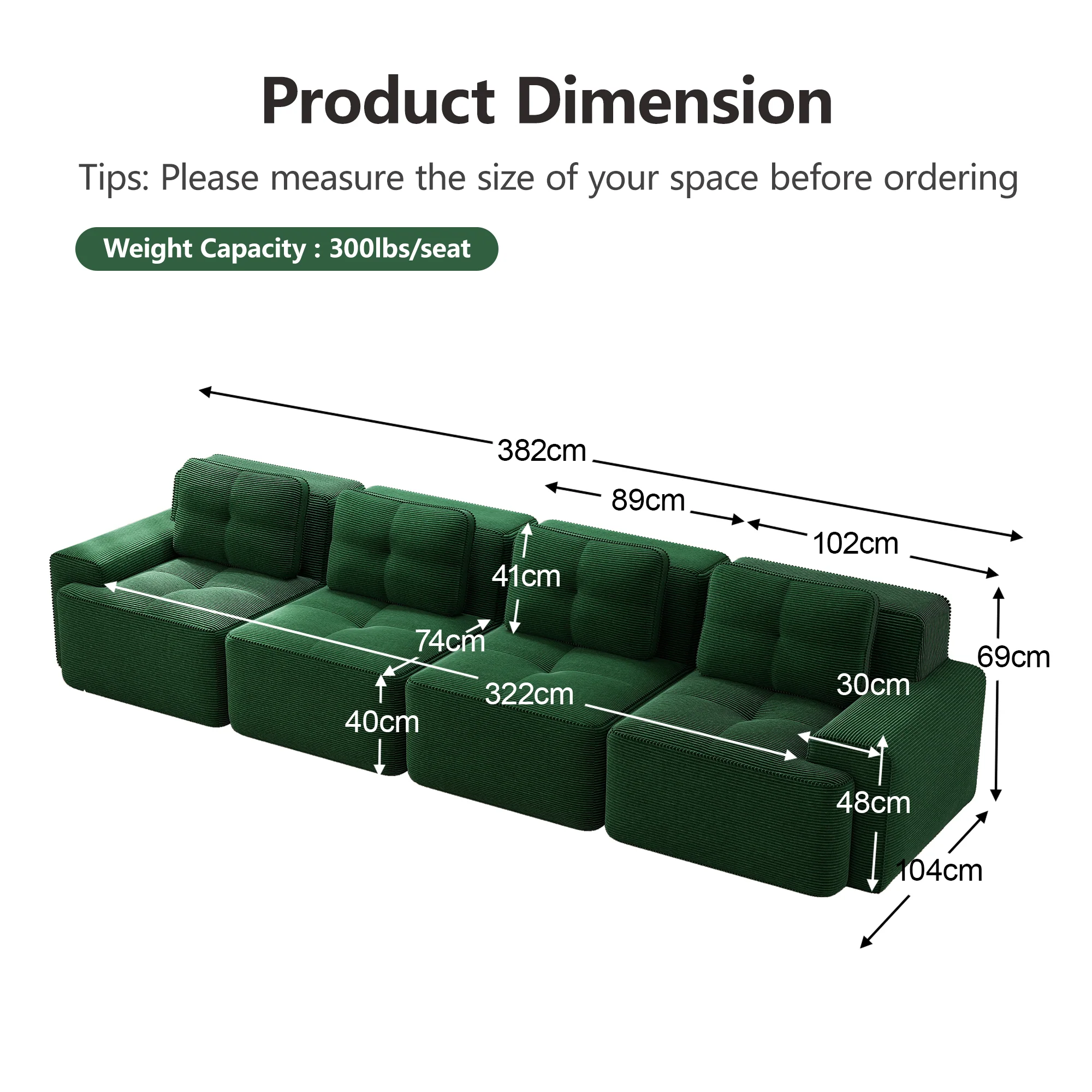 Modular Sofa 4-Seater Deep Seat Corduroy Assembly-Free - Green - Image 7