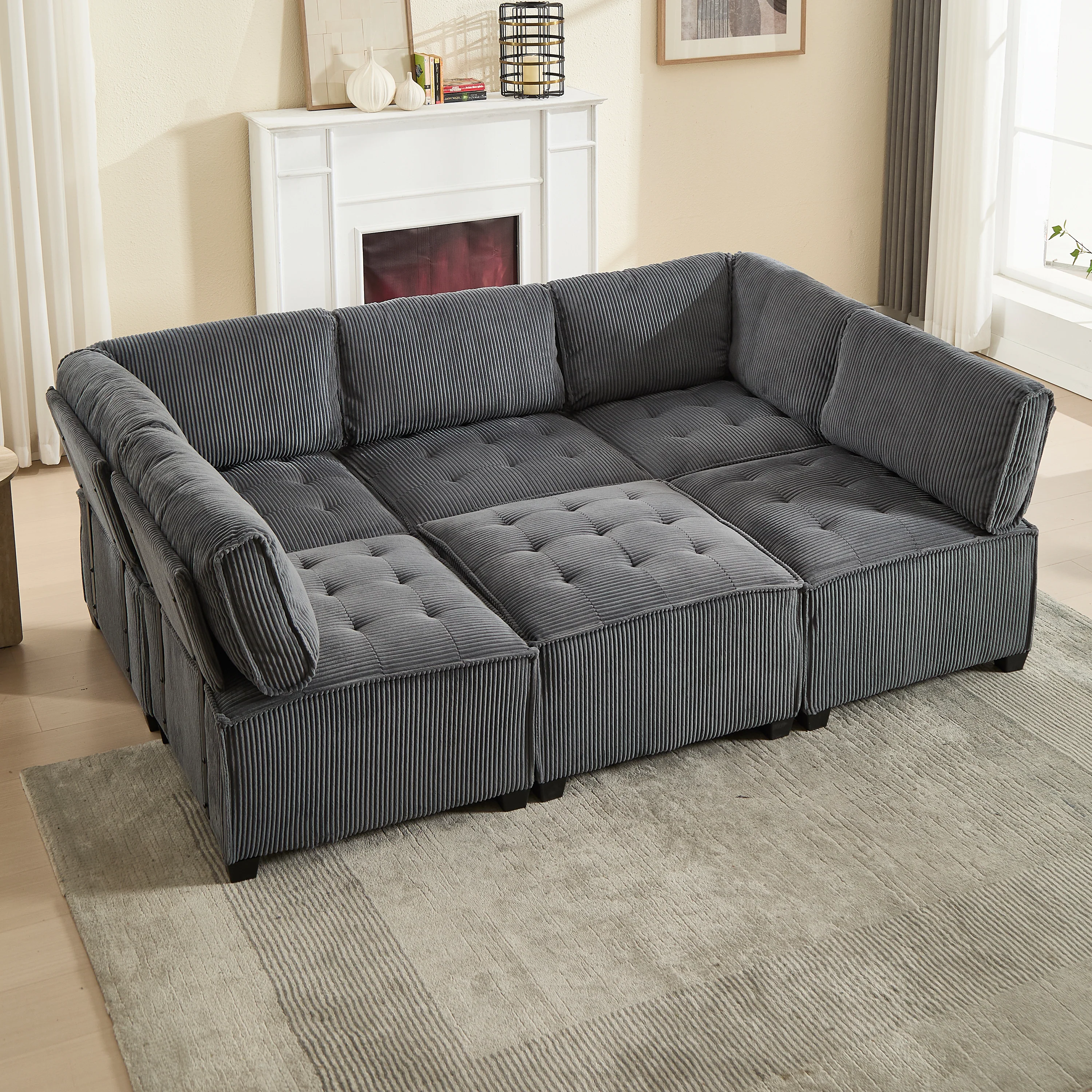 Modular Sofa 6-Seater Convertible U/L-Shape Sleeper Storage Pockets Corduroy Grey - Image 5