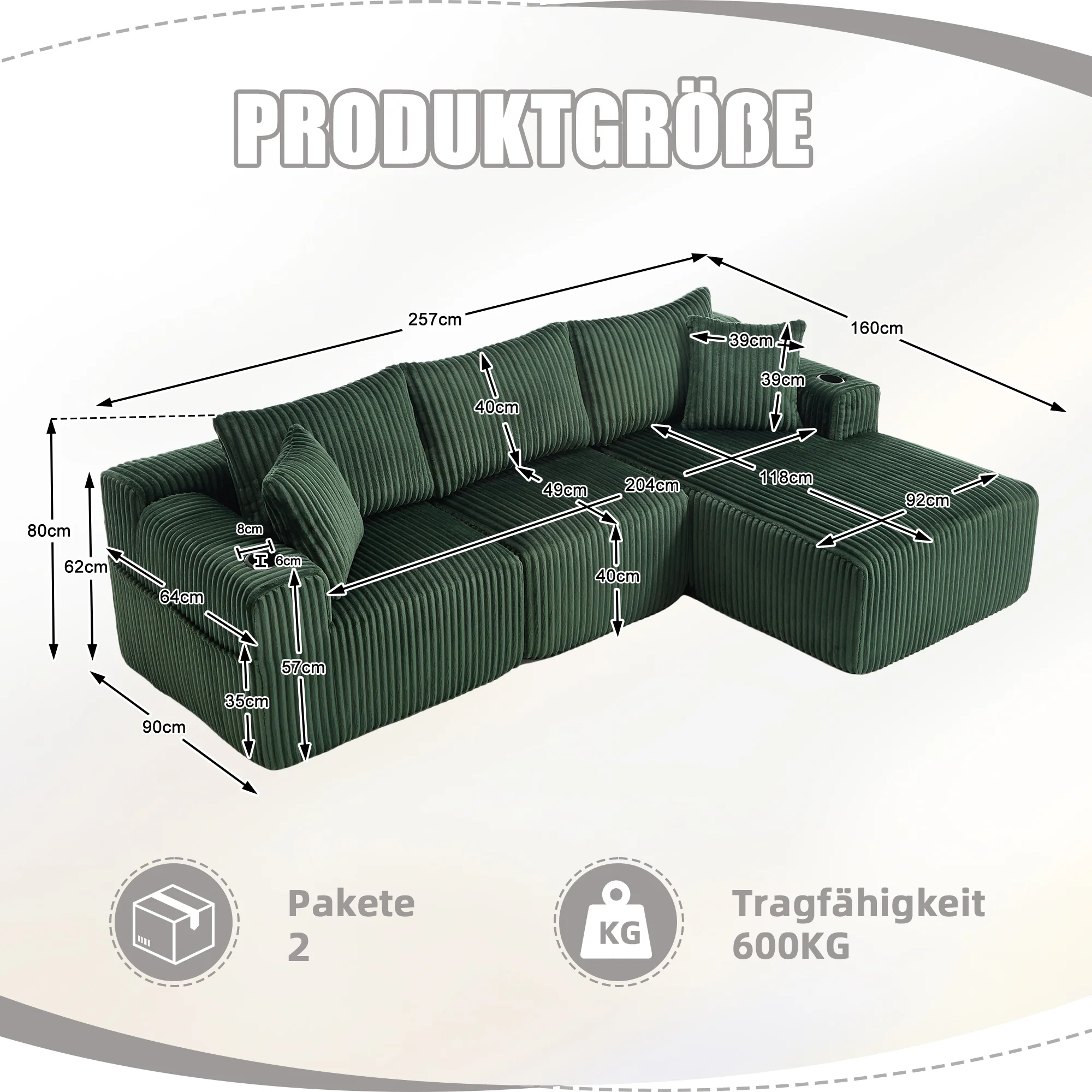 Modular Sofa Set Chaise Longue 2-Seater Side Pockets Drink Holders DIY - Corduroy - Image 2