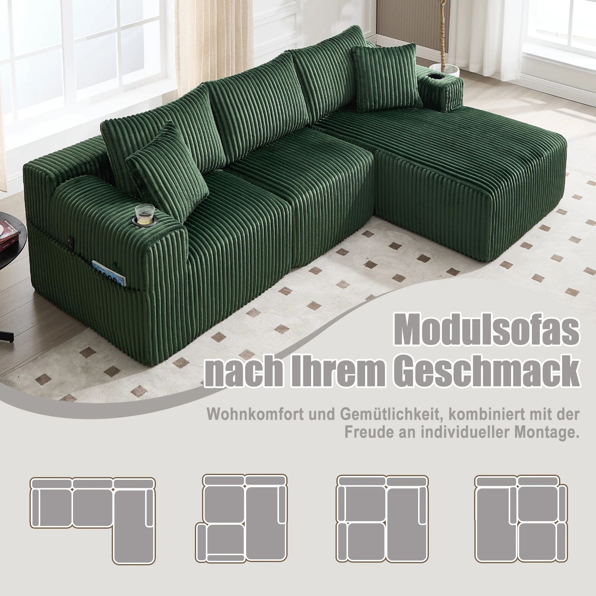 Modular Sofa Set Chaise Longue 2-Seater Side Pockets Drink Holders DIY - Corduroy - Image 3