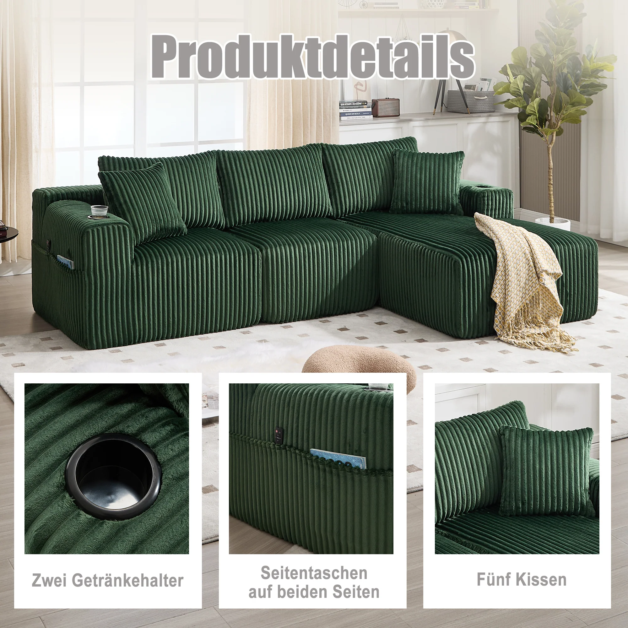 Modular Sofa Set Chaise Longue 2-Seater Side Pockets Drink Holders DIY - Corduroy - Image 4