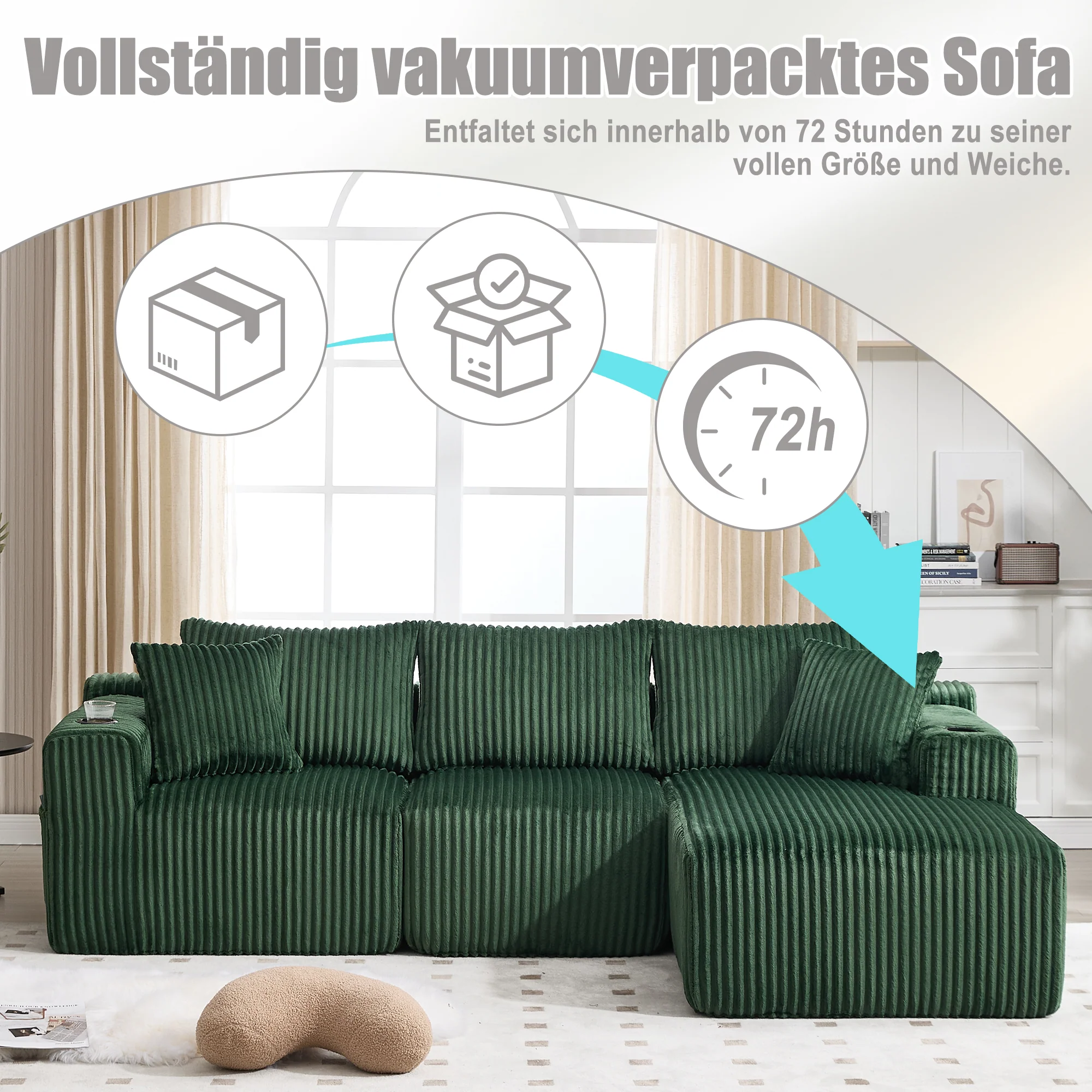 Modular Sofa Set Chaise Longue 2-Seater Side Pockets Drink Holders DIY - Corduroy - Image 6