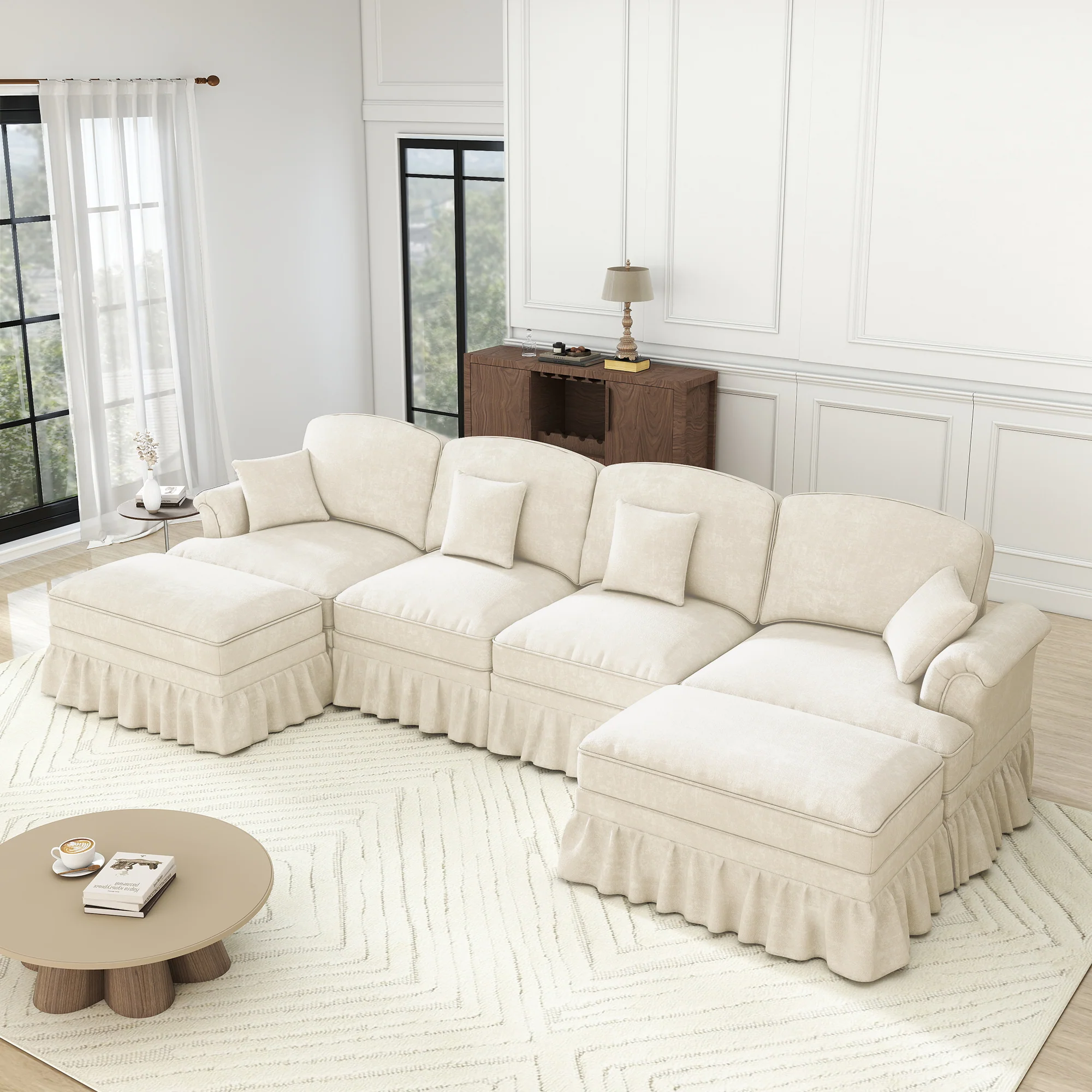 Modular U-Shaped Sofa 4-Seater Movable Ottoman Removable Apron - White Chenille - Image 6