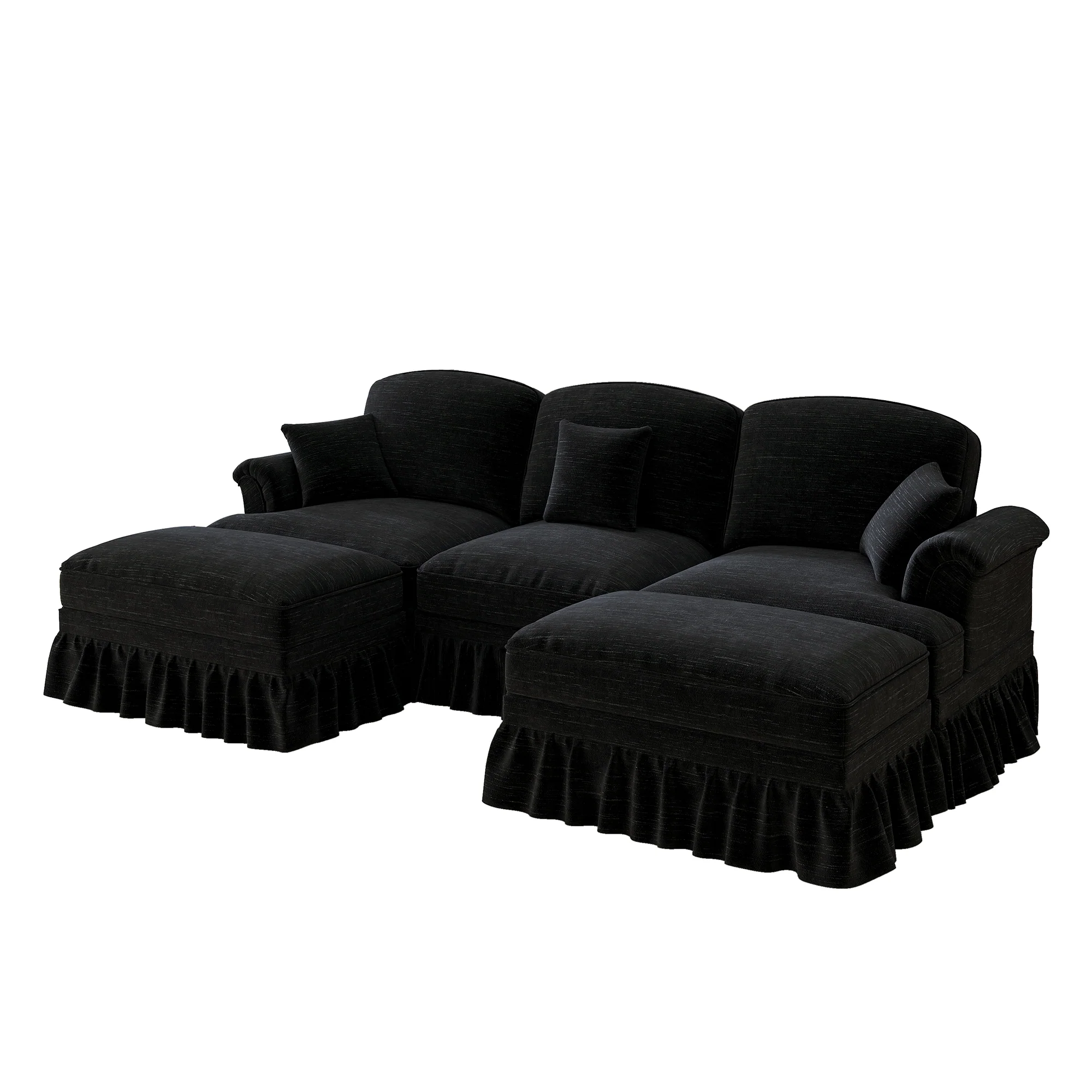 Modular U-Shaped Sofa Movable Ottoman Ruffled Apron Chenille Black - Image 10
