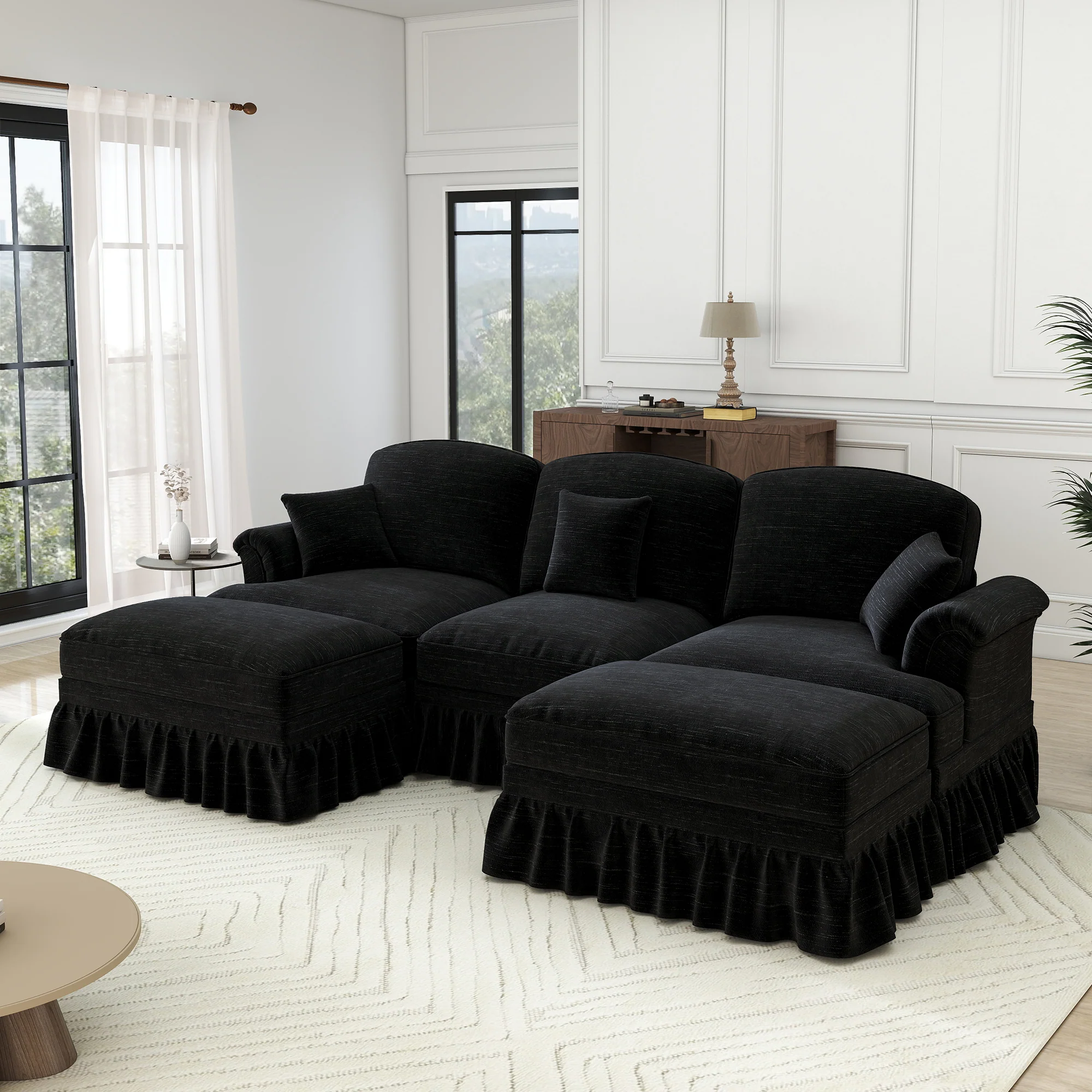 Modular U-Shaped Sofa Movable Ottoman Ruffled Apron Chenille Black - Image 2