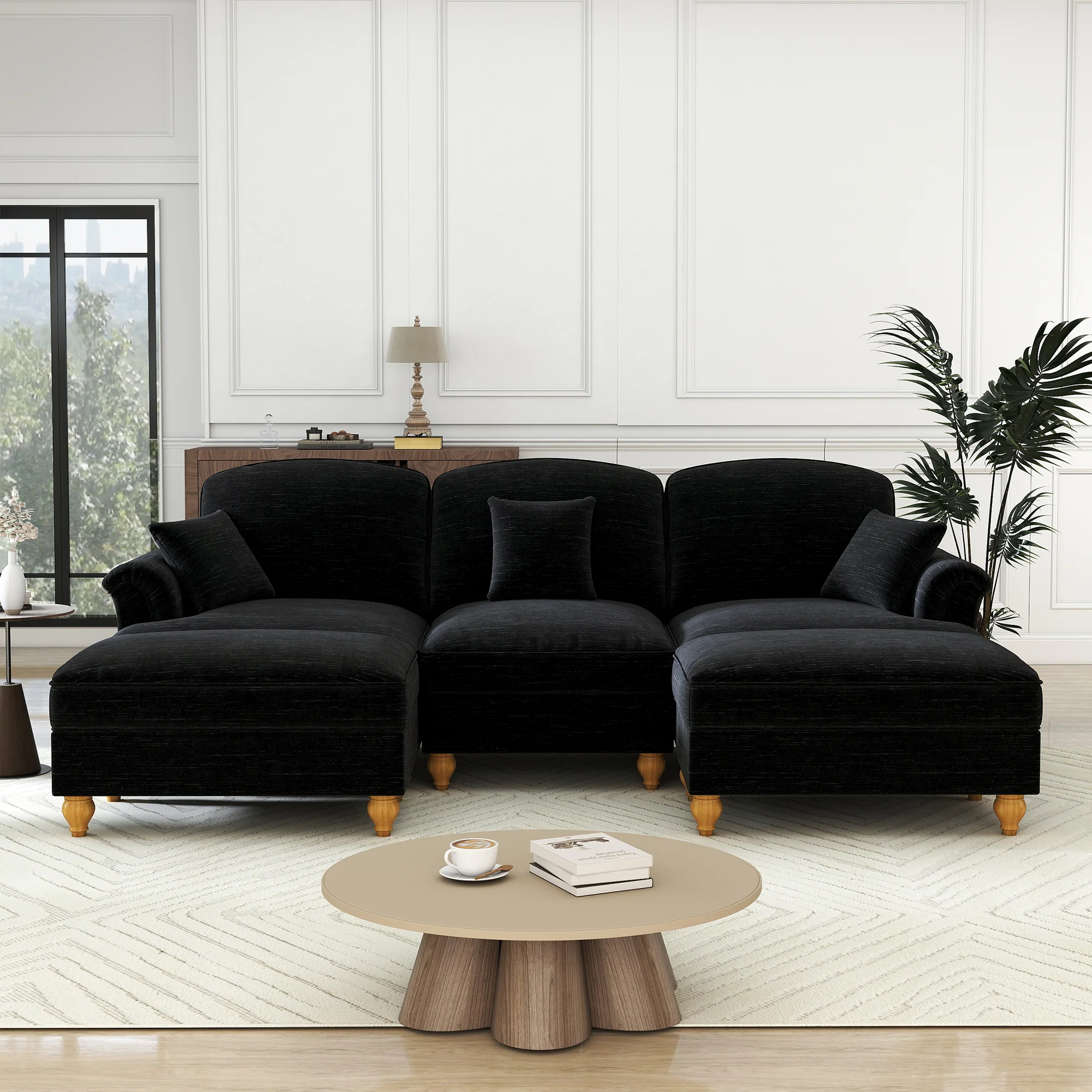 Modular U-Shaped Sofa Movable Ottoman Ruffled Apron Chenille Black - Image 3