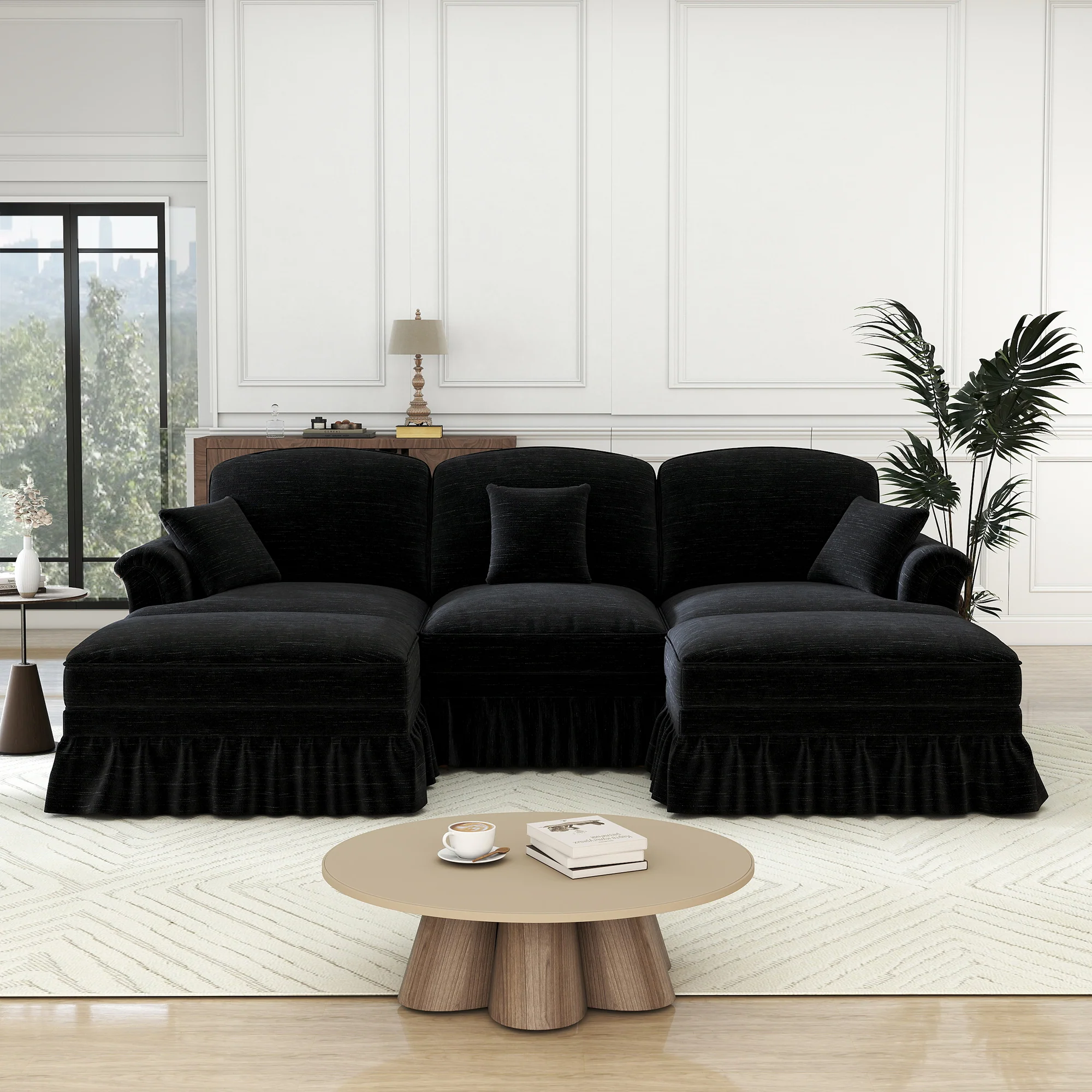 Modular U-Shaped Sofa Movable Ottoman Ruffled Apron Chenille Black - Image 4