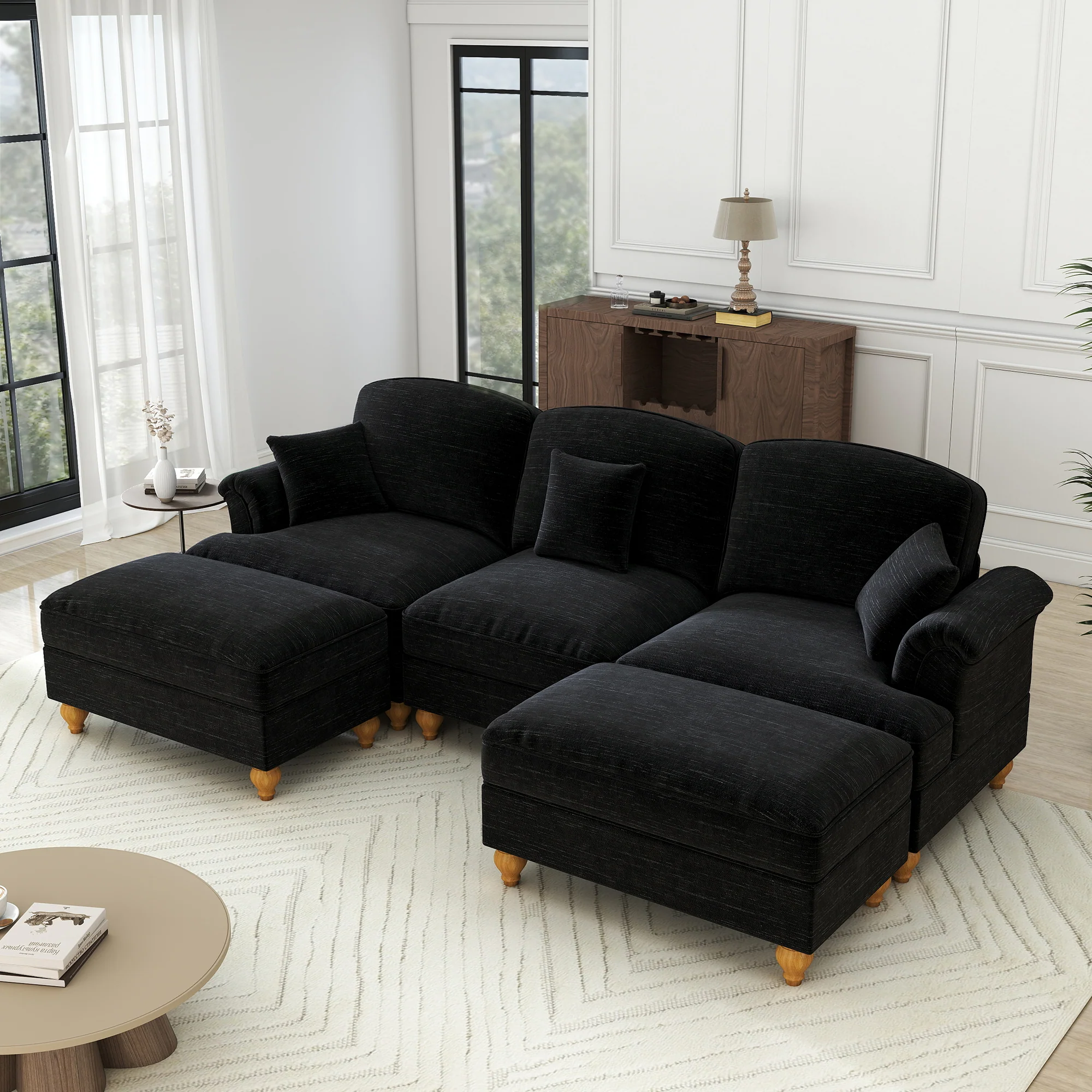 Modular U-Shaped Sofa Movable Ottoman Ruffled Apron Chenille Black - Image 5