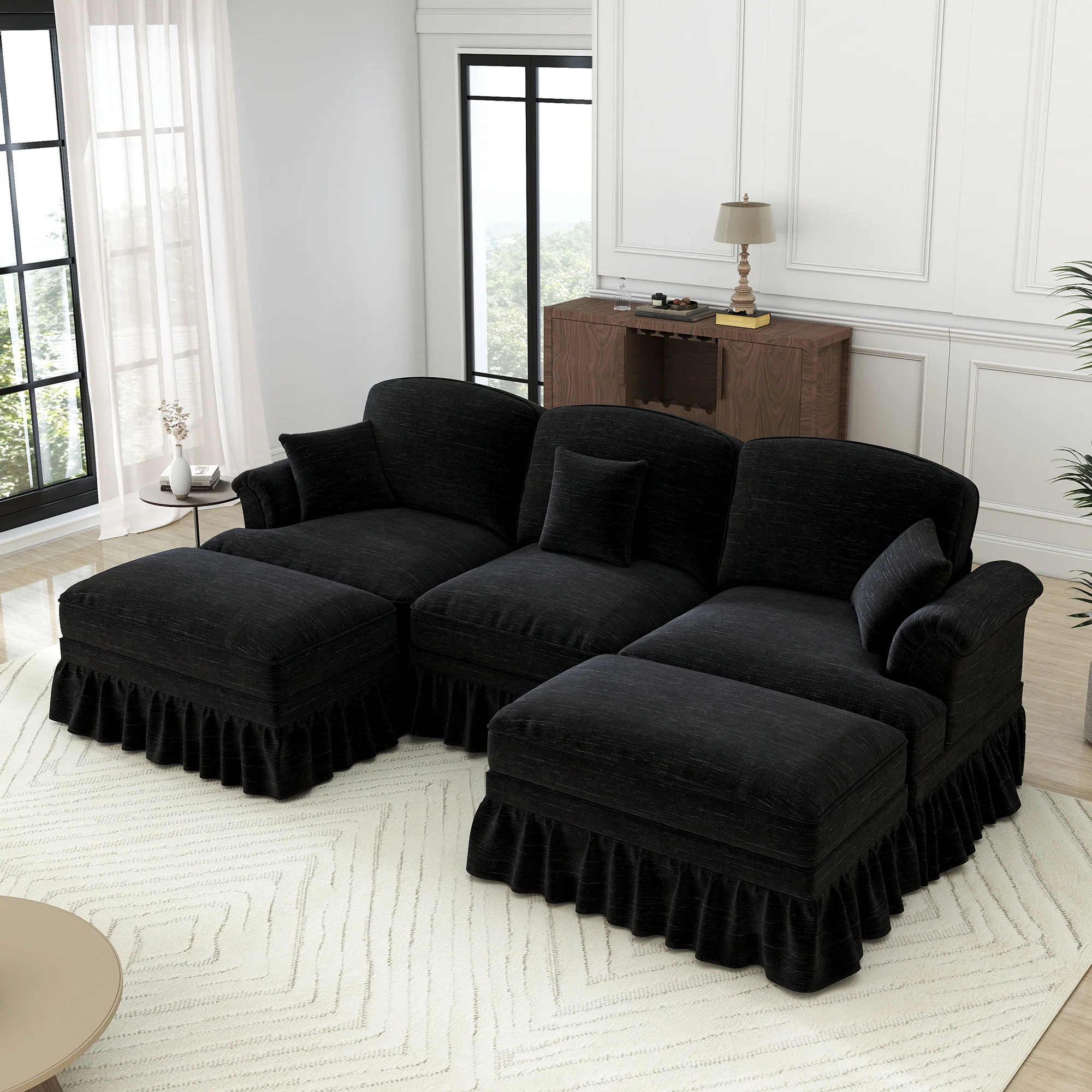 Modular U-Shaped Sofa Movable Ottoman Ruffled Apron Chenille Black - Image 6