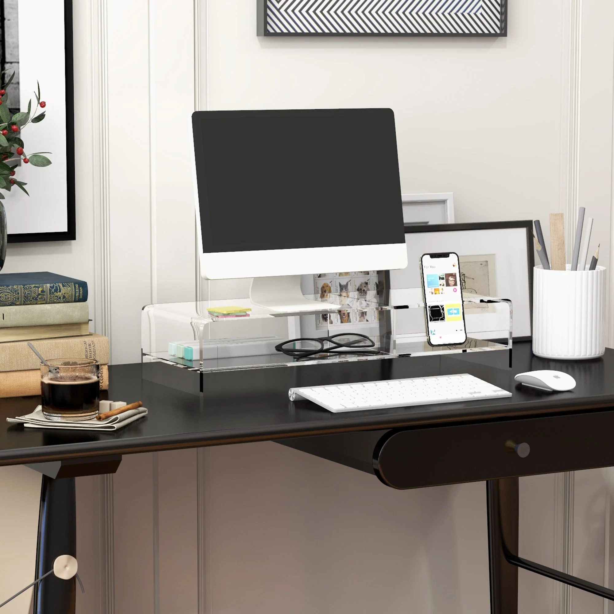 Monitor Stand with Keyboard Compartment 2 Tiers for 24 Inch - Transparent Acrylic - Image 2
