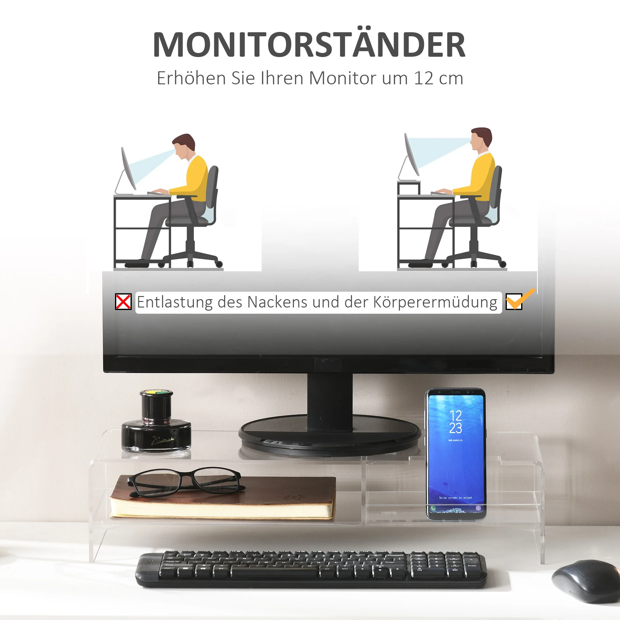 Monitor Stand with Keyboard Compartment 2 Tiers for 24 Inch - Transparent Acrylic - Image 4