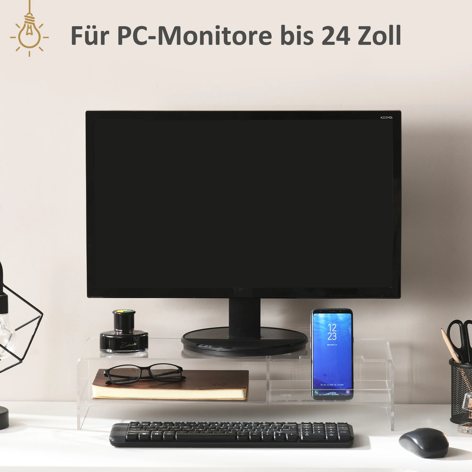 Monitor Stand with Keyboard Compartment 2 Tiers for 24 Inch - Transparent Acrylic - Image 6