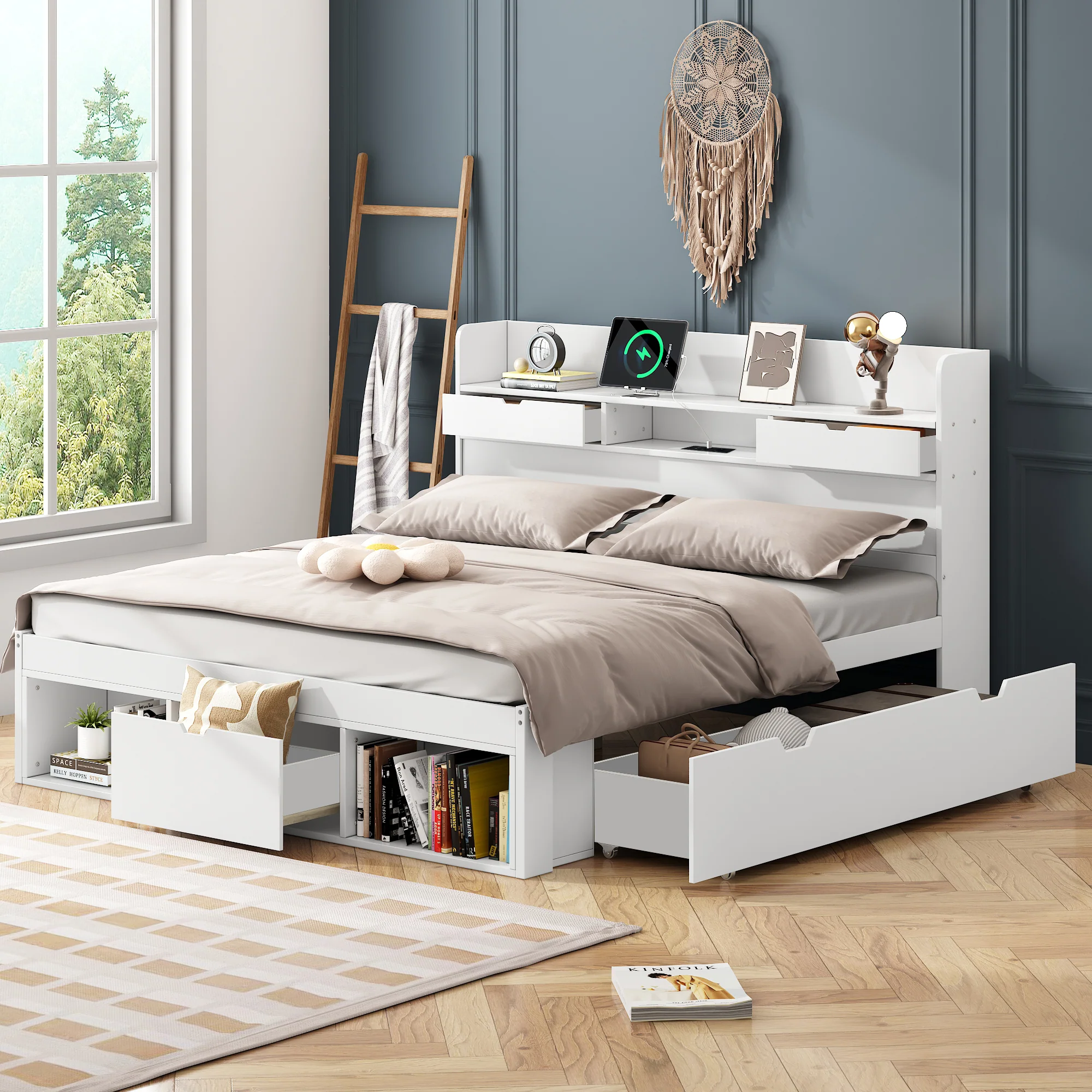 Multifunction Double Bed 135x190cm USB Port Drawers Storage - White