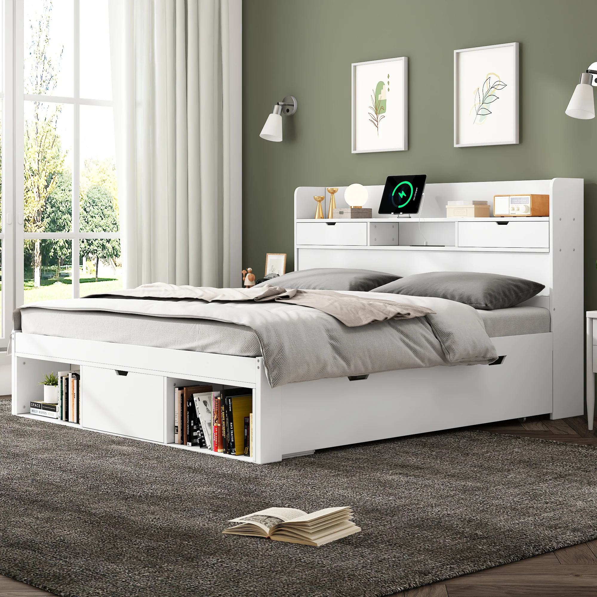 Multifunction Double Bed 135x190cm USB Port Drawers Storage - White - Image 4