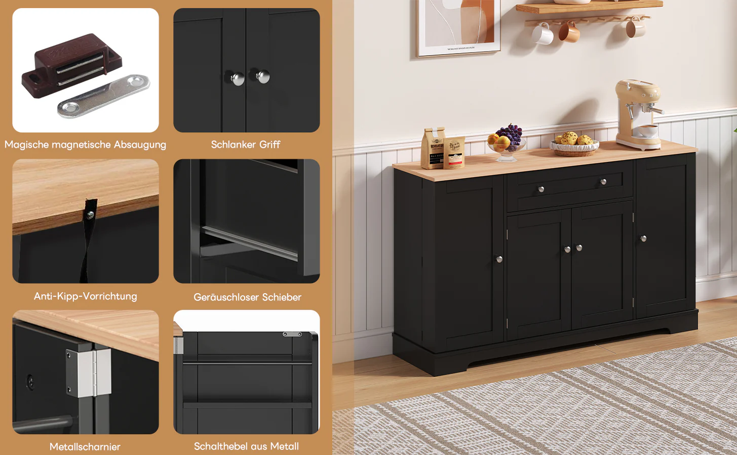 Multifunctional Buffet 138cm with Drawer & Adjustable Shelves - Image 10