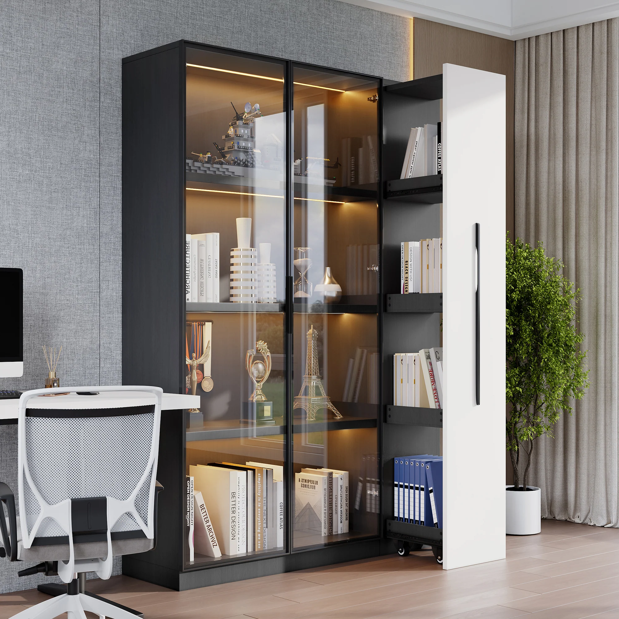 Multifunctional Cabinet 110.5x160cm Display LED Rolling Drawer, White/Black - Image 3