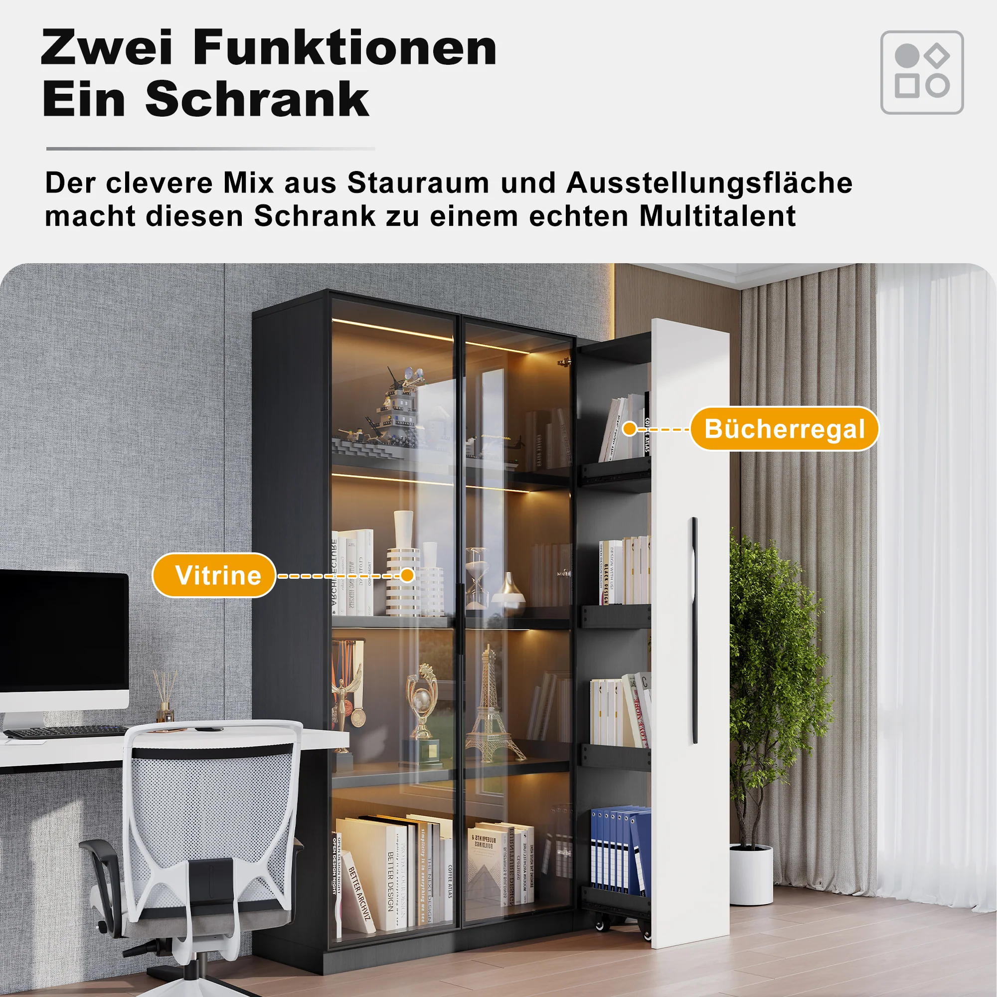 Multifunctional Cabinet 110.5x160cm Display LED Rolling Drawer, White/Black - Image 4