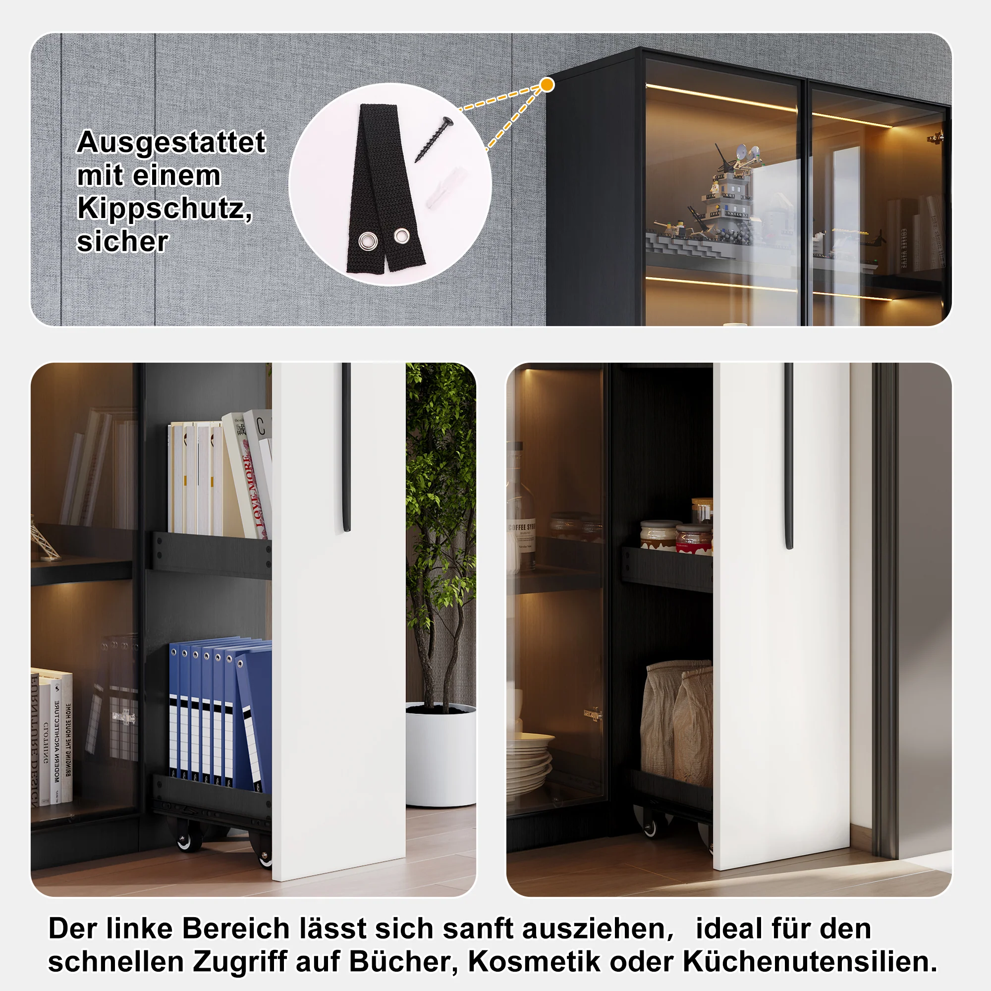 Multifunctional Cabinet 110.5x160cm Display LED Rolling Drawer, White/Black - Image 6