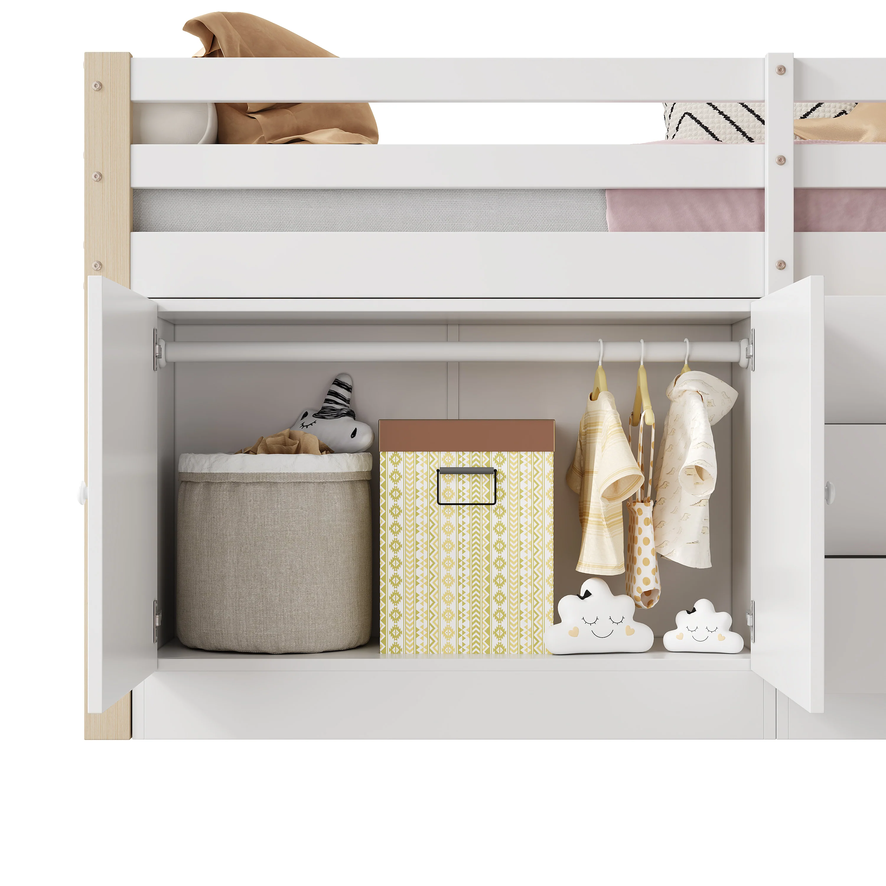 Multifunctional Children's Loft Bed 90x200cm with Stairs Drawers & Storage Cabinets - White - Image 10