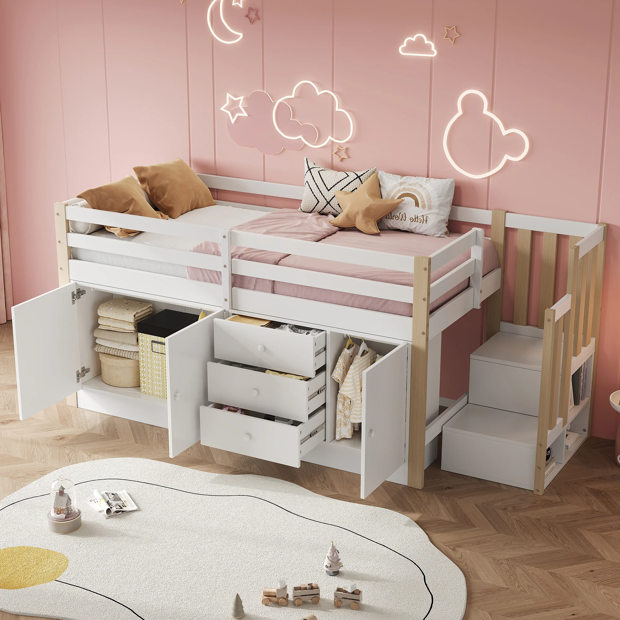 Multifunctional Children's Loft Bed 90x200cm with Stairs Drawers & Storage Cabinets - White - Image 2