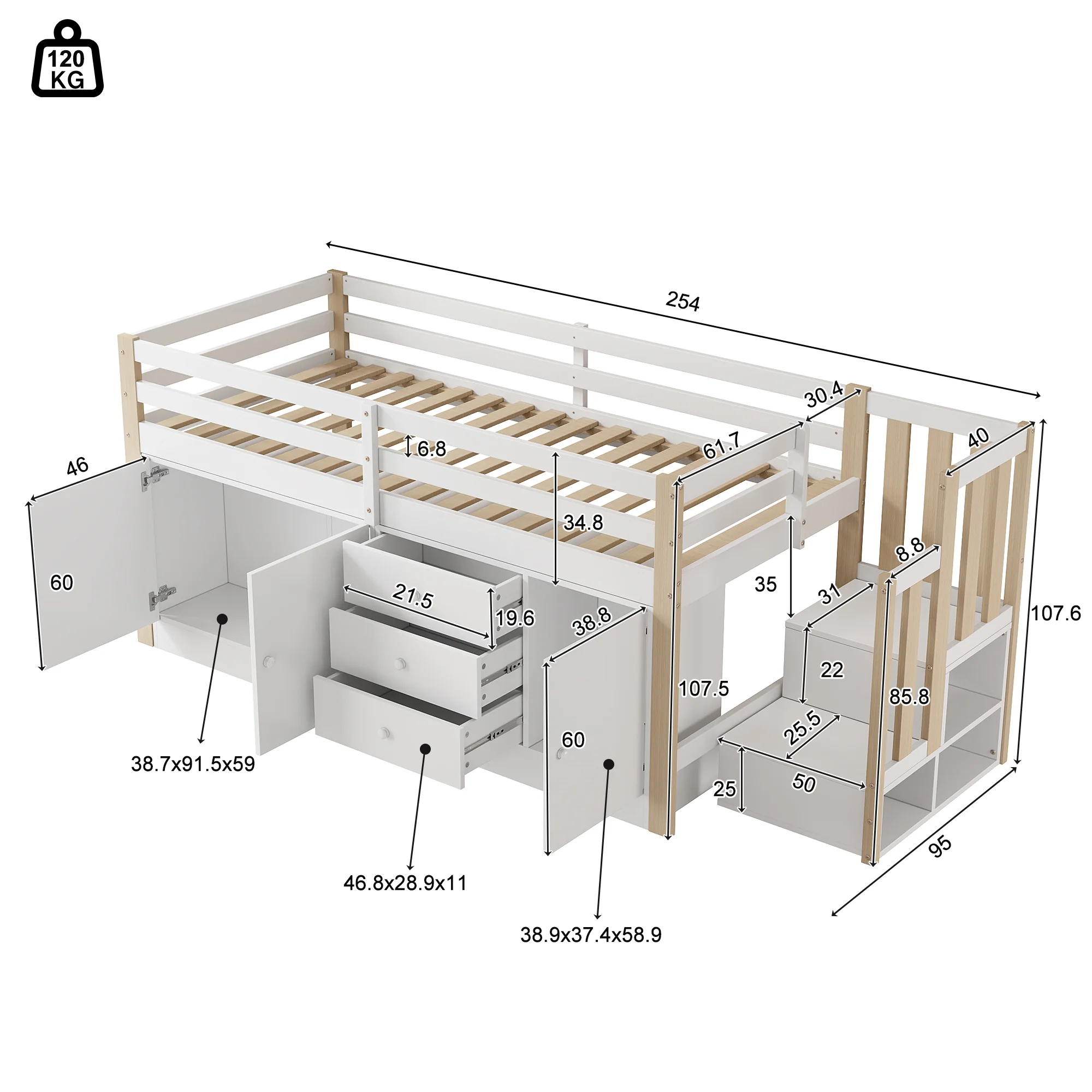 Multifunctional Children's Loft Bed 90x200cm with Stairs Drawers & Storage Cabinets - White - Image 3