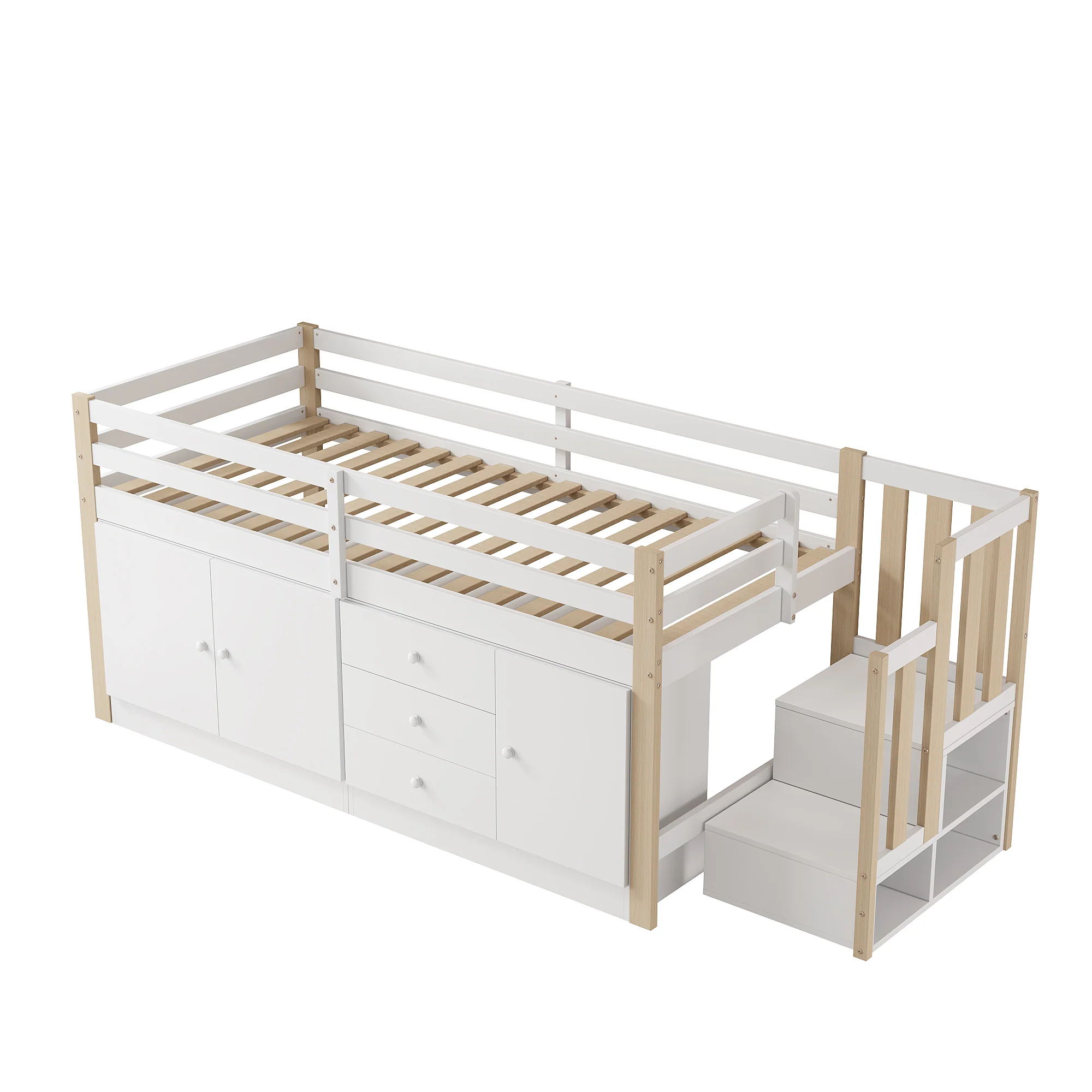 Multifunctional Children's Loft Bed 90x200cm with Stairs Drawers & Storage Cabinets - White - Image 6
