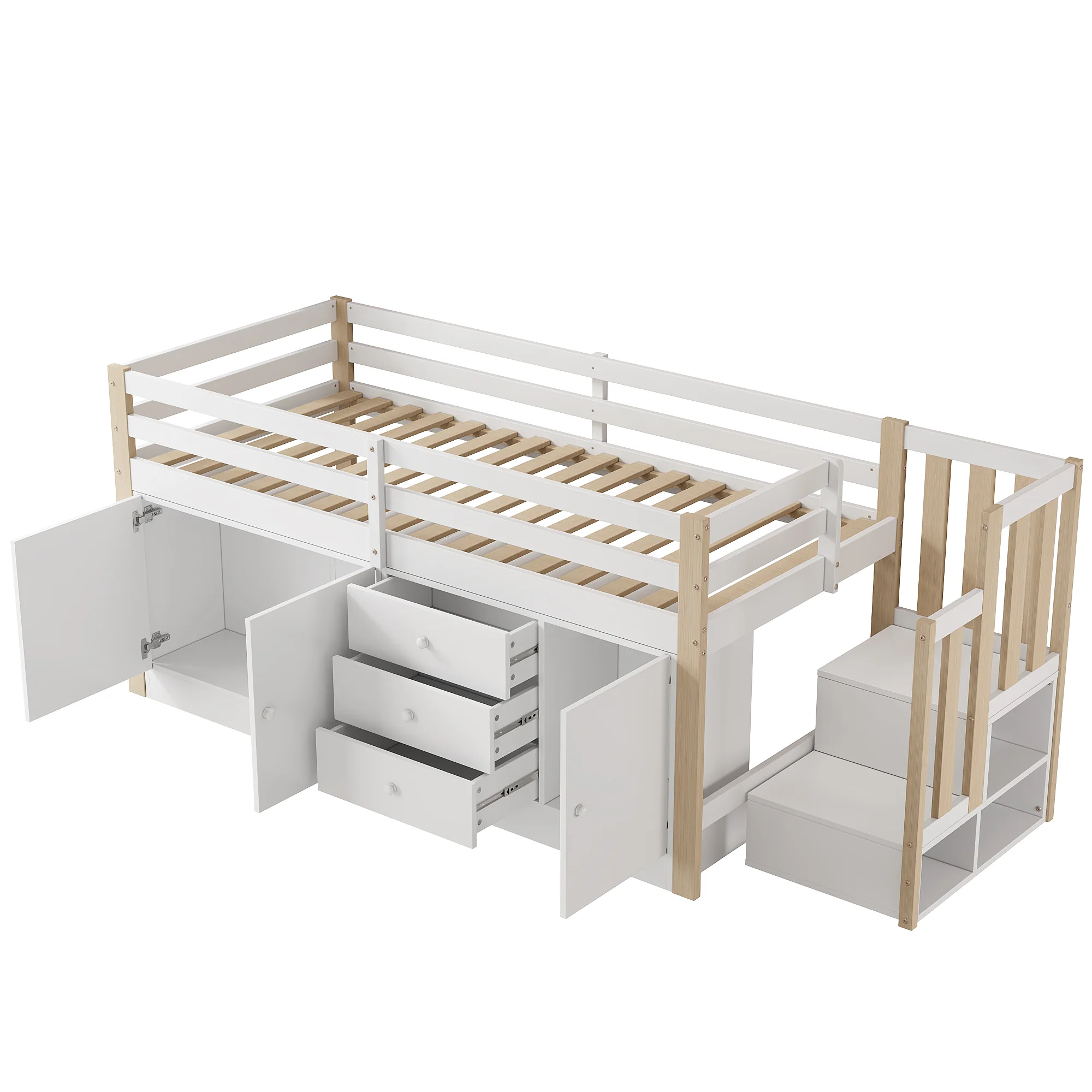 Multifunctional Children's Loft Bed 90x200cm with Stairs Drawers & Storage Cabinets - White - Image 7