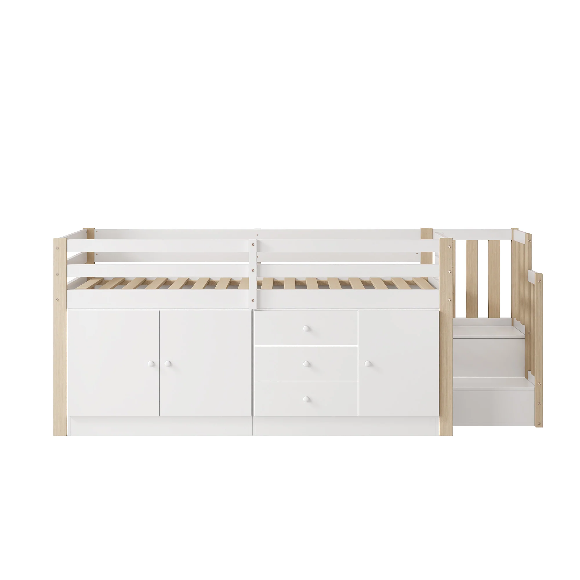 Multifunctional Children's Loft Bed 90x200cm with Stairs Drawers & Storage Cabinets - White - Image 8