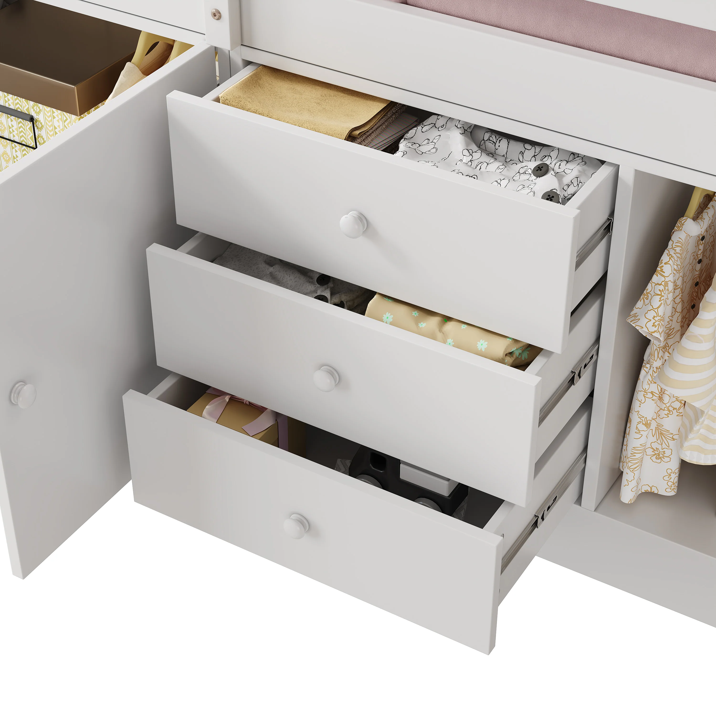 Multifunctional Children's Loft Bed 90x200cm with Stairs Drawers & Storage Cabinets - White - Image 9