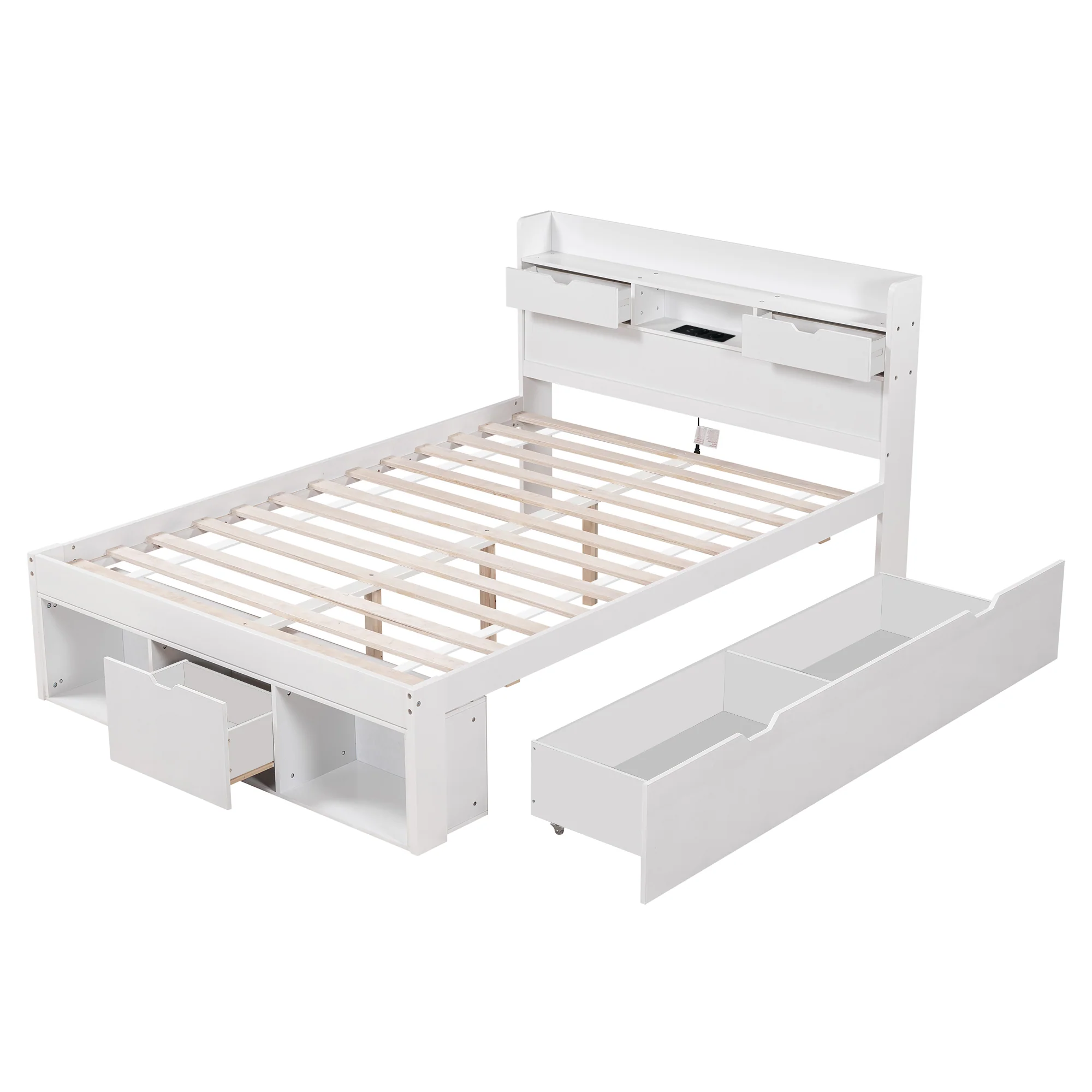Multifunctional Double Bed 140x190cm USB Drawers Storage Cabinet - White - Image 10