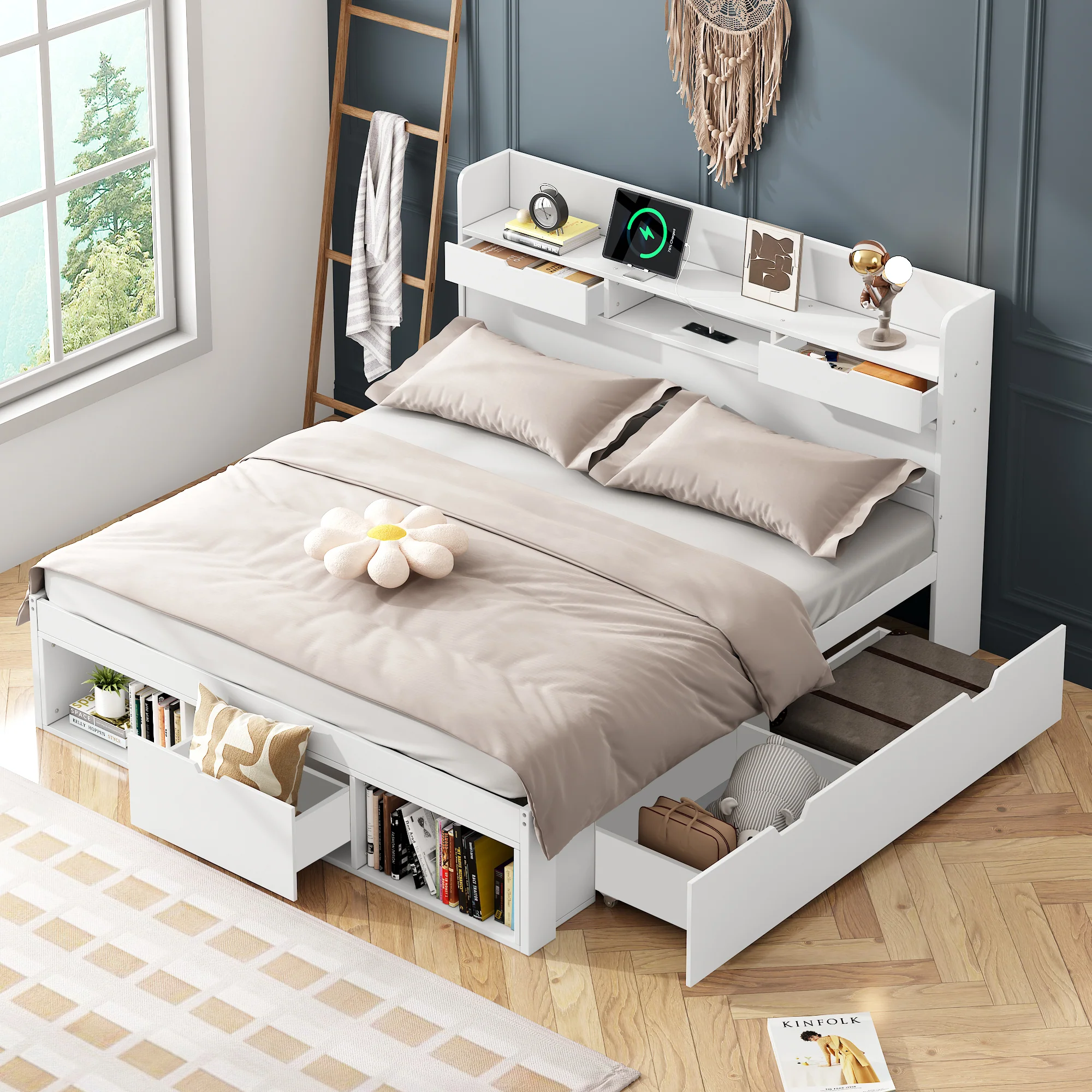 Multifunctional Double Bed 140x190cm USB Drawers Storage Cabinet - White - Image 2