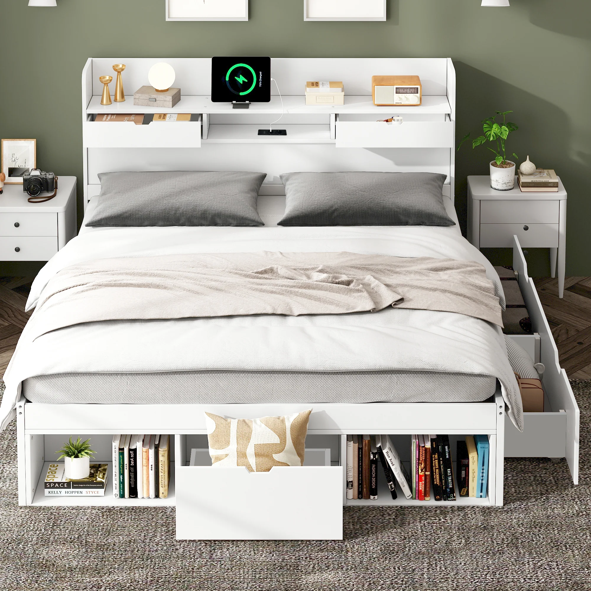 Multifunctional Double Bed 140x190cm USB Drawers Storage Cabinet - White - Image 3