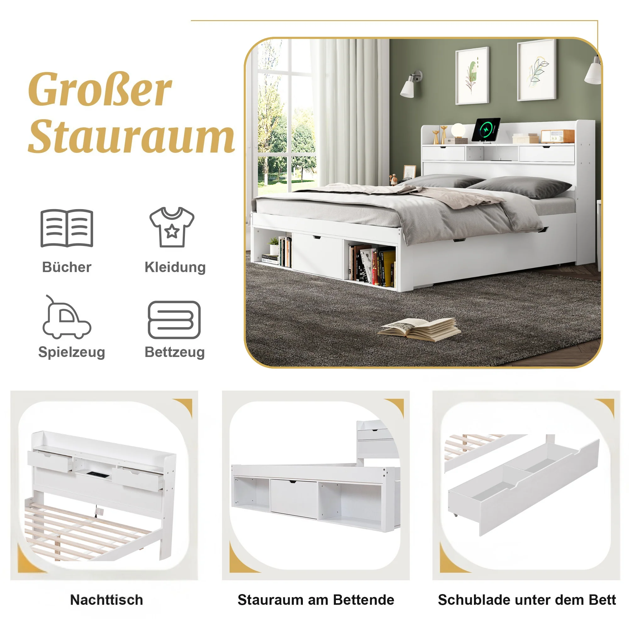 Multifunctional Double Bed 140x190cm USB Drawers Storage Cabinet - White - Image 5