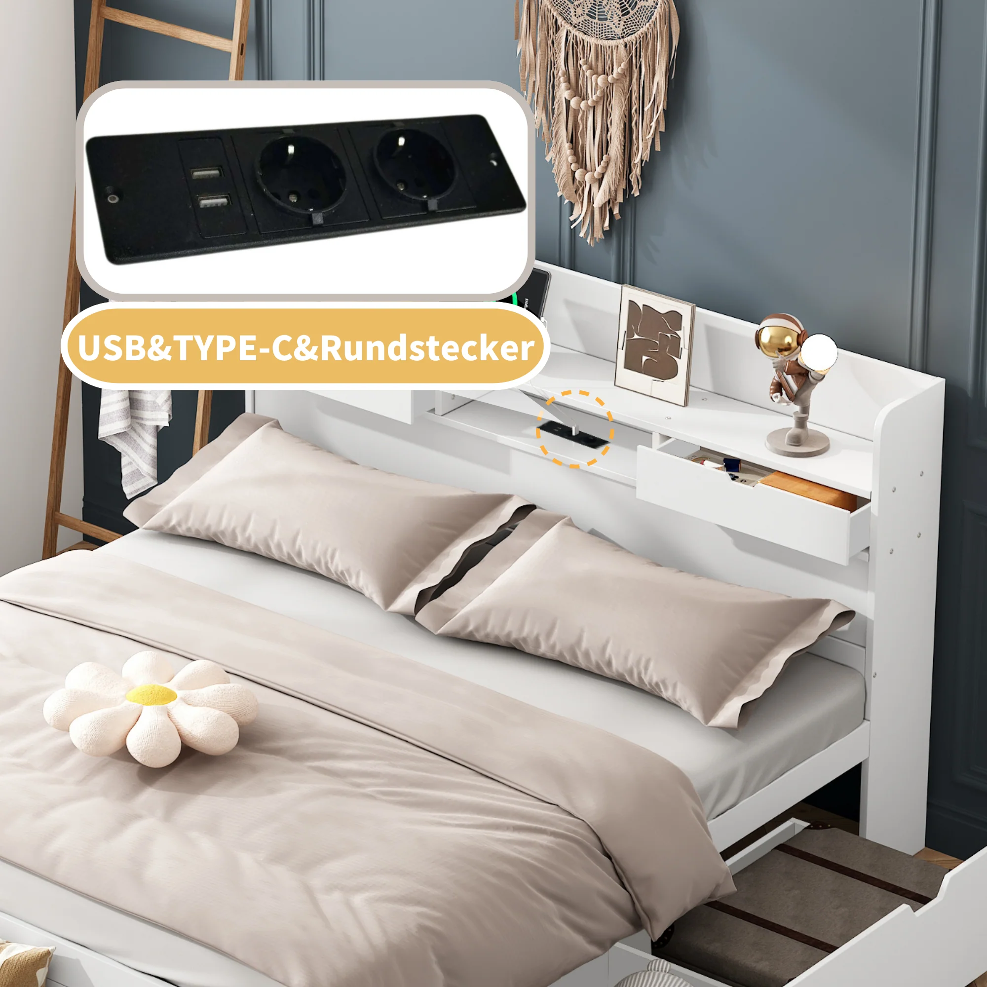 Multifunctional Double Bed 140x190cm USB Drawers Storage Cabinet - White - Image 6