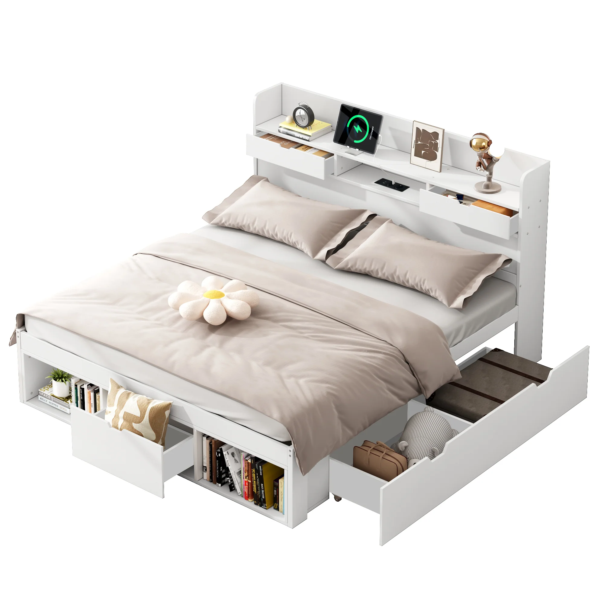 Multifunctional Double Bed 140x190cm USB Drawers Storage Cabinet - White - Image 7