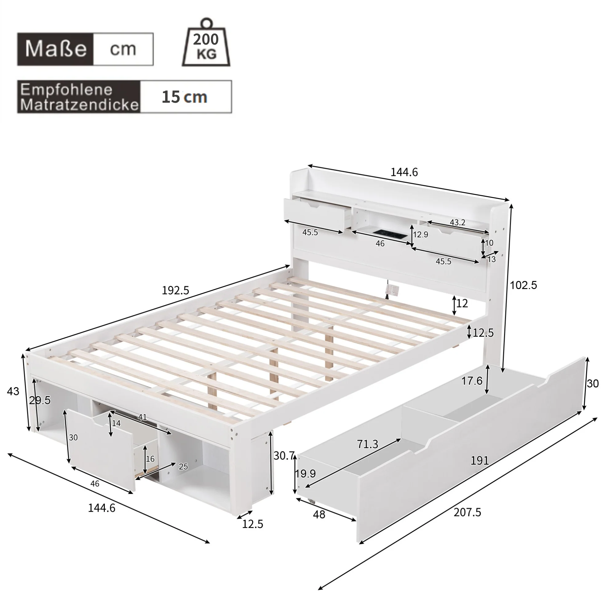 Multifunctional Double Bed 140x190cm USB Drawers Storage Cabinet - White - Image 8