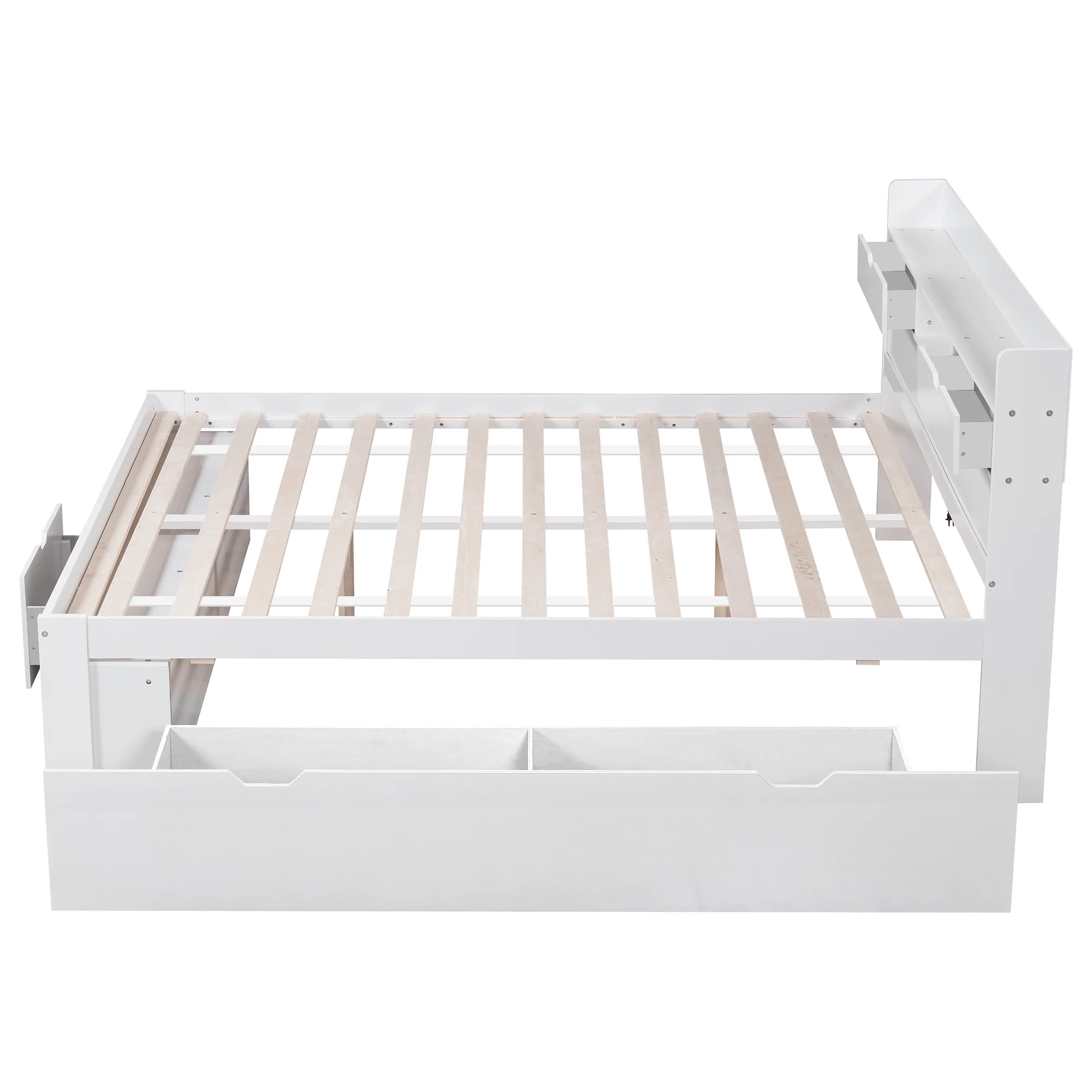 Multifunctional Double Bed 140x190cm USB Drawers Storage Cabinet - White - Image 9
