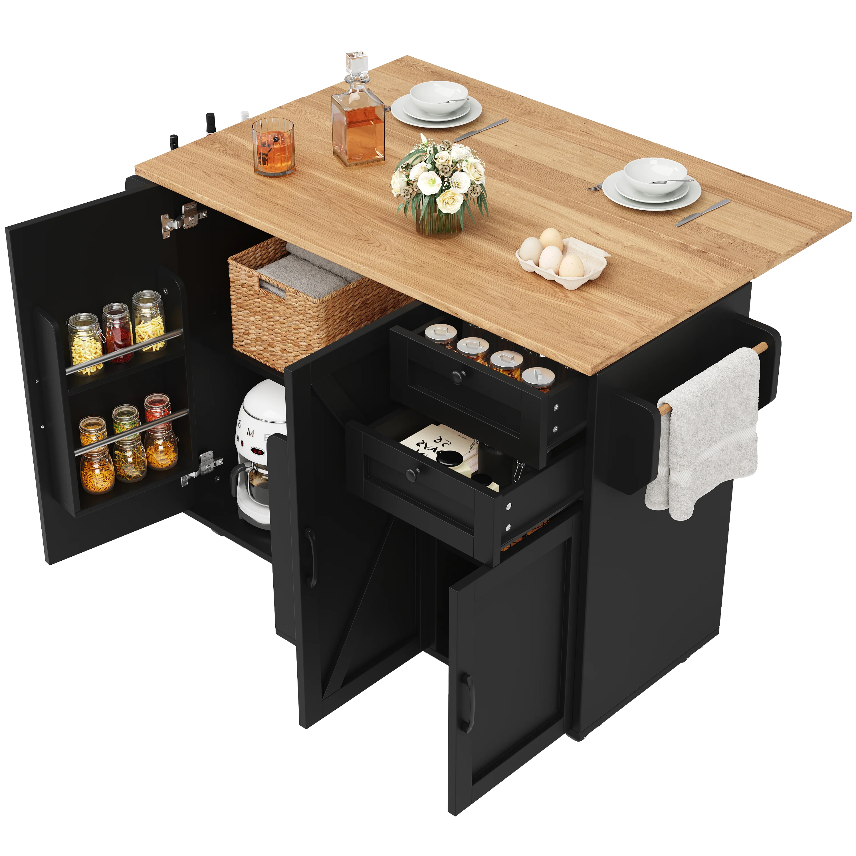 Multifunctional Kitchen Island Dining Table with Storage, Snack Shelves, Wood Grain Black - Image 5